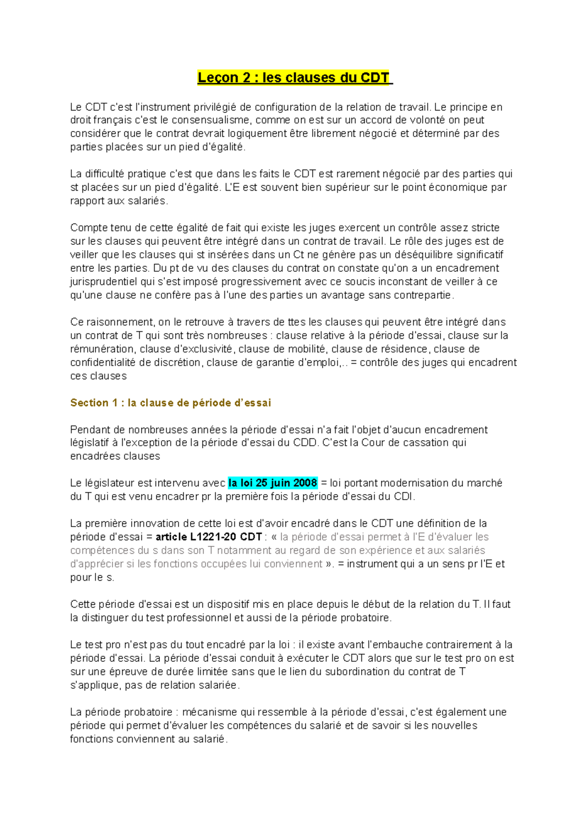 Leçon 2 - fiche de révision - Leçon 2 : les clauses du CDT Le CDT c’est ...