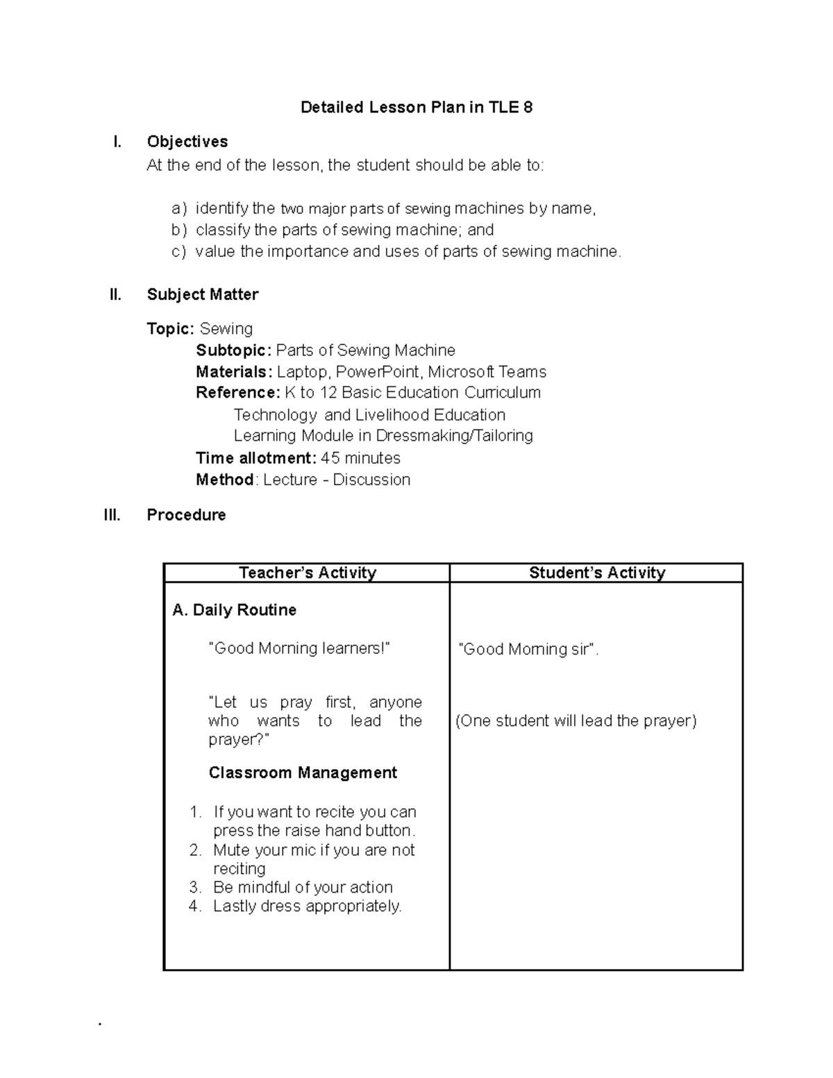 Detailed Lesson Plan In Parts Of Sewing Machine - . Detailed Lesson 