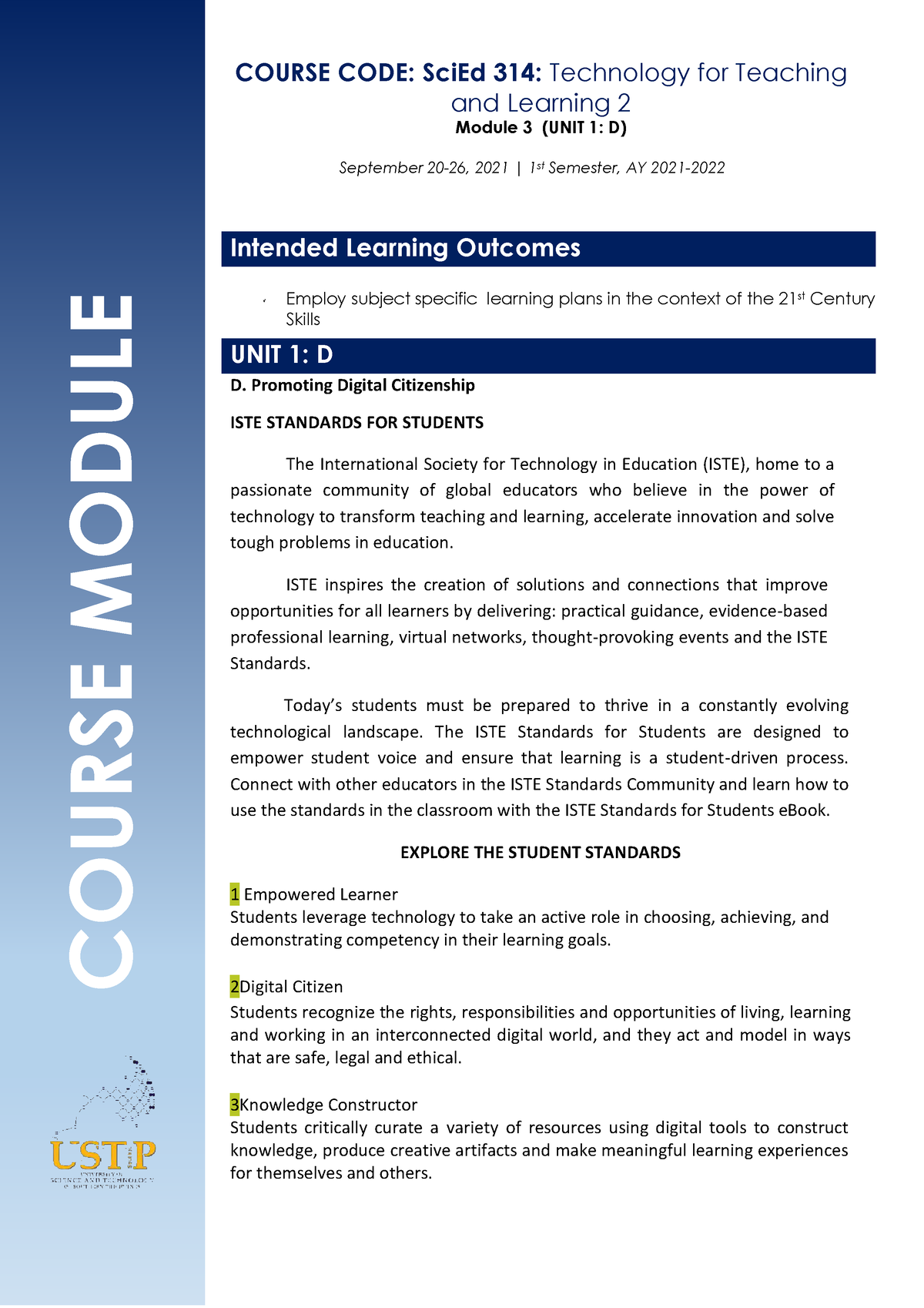 Unit 1 D - Educational purposes only. - COURSE MOD U LE COURSE CODE ...