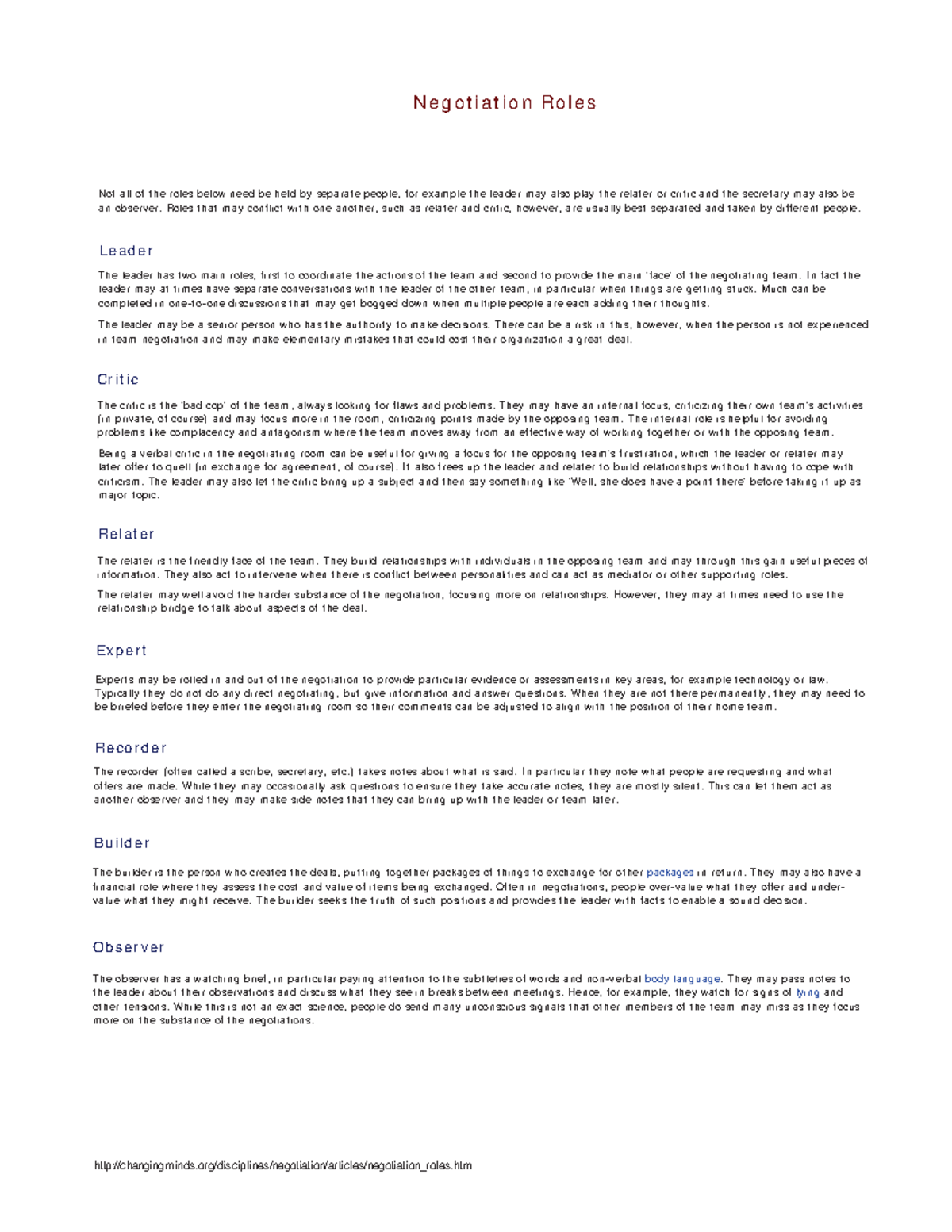 Negotiation Roles handout - N e got ia t ion Role s Not all of t he ...