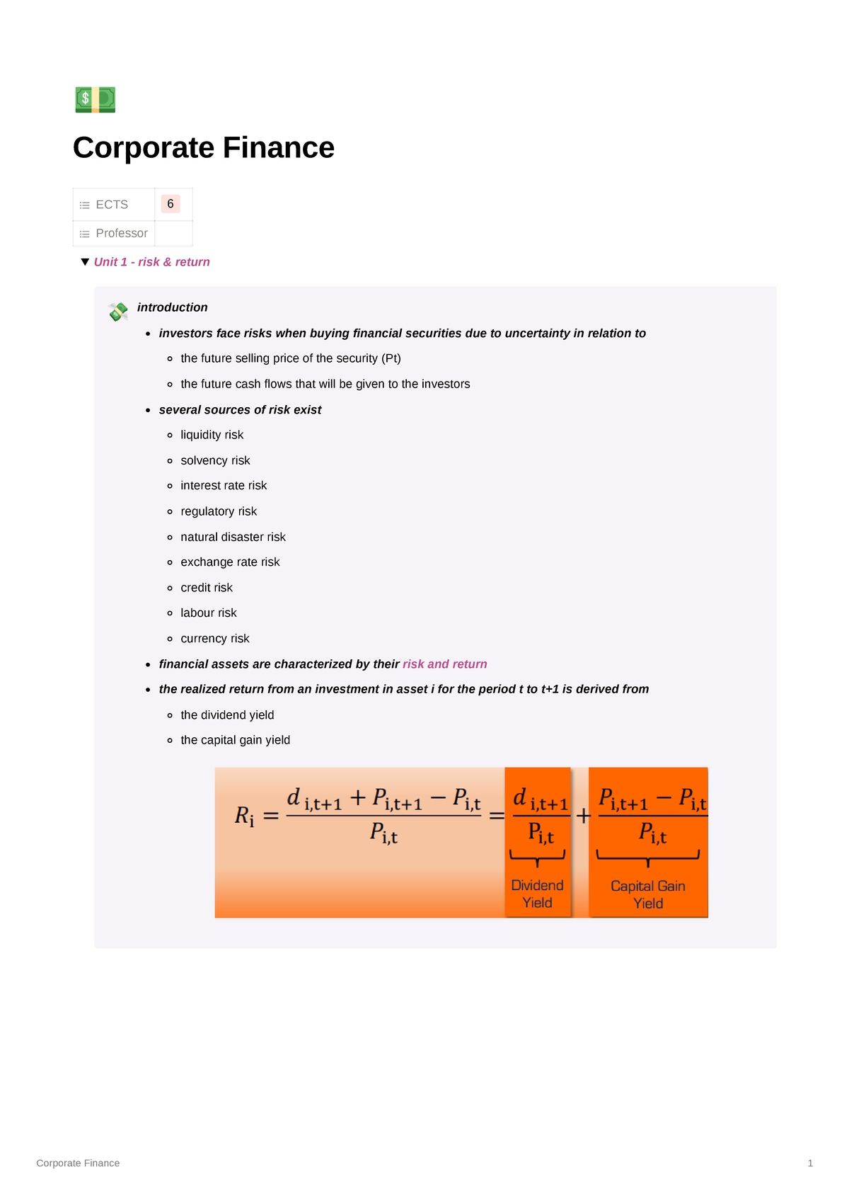 Corporate Finance - Exam Notes - £ Corporate Finance ECTS 6 Professor ...