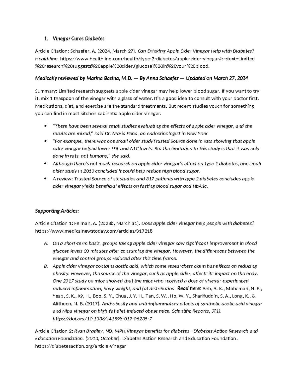 STS draft-Sem2 - Vinegar Cures Diabetes Article Citation: Schaefer, A ...