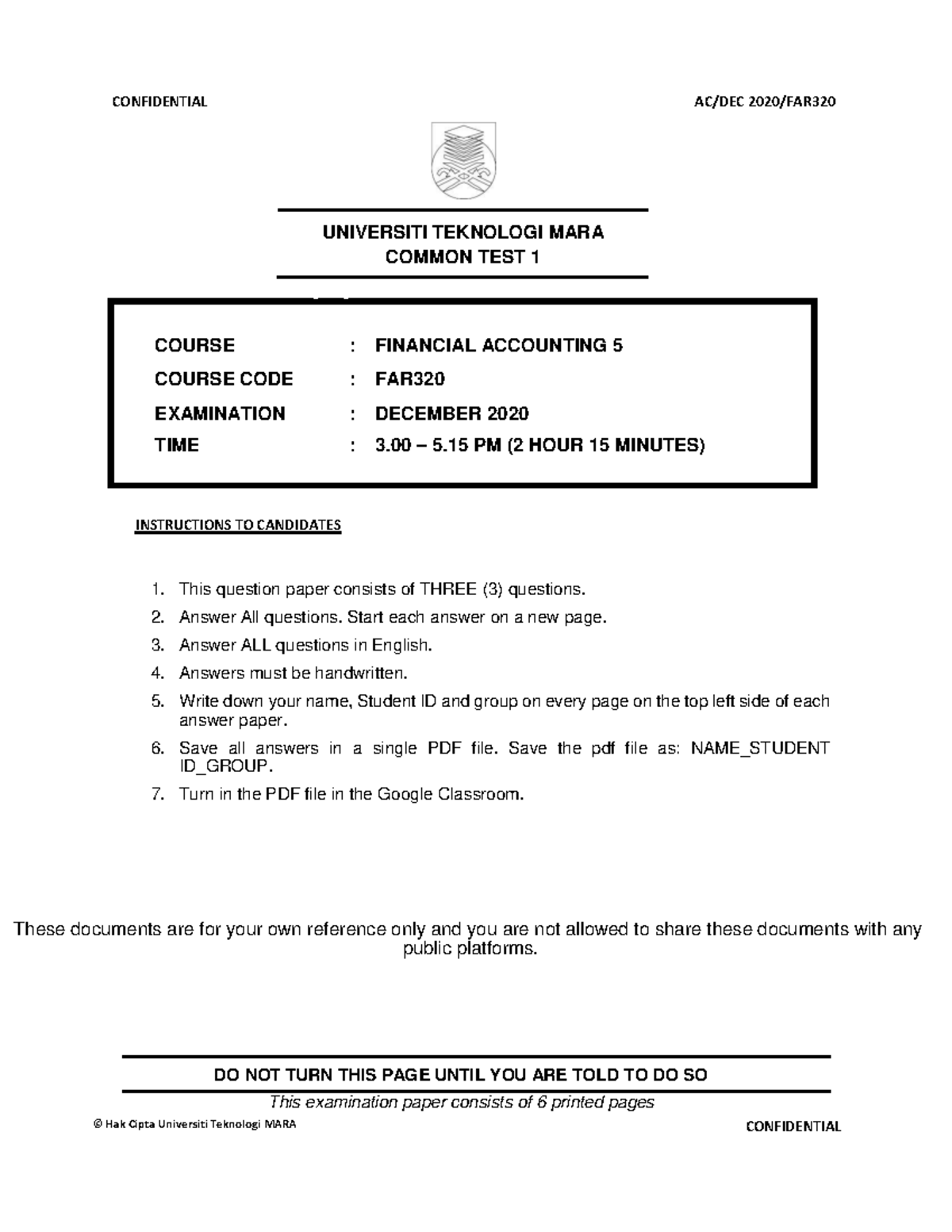 COMMON TEST DEC20 - 1 COURSE : FINANCIAL ACCOUNTING 5 COURSE CODE : FAR ...