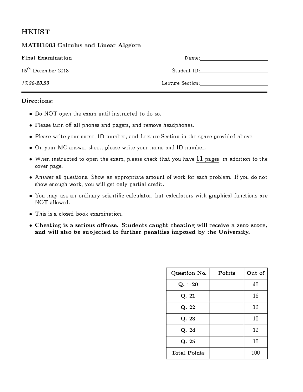 2018 finalpastpaper - wwwww - HKUST MATH1003 Calculus and Linear ...