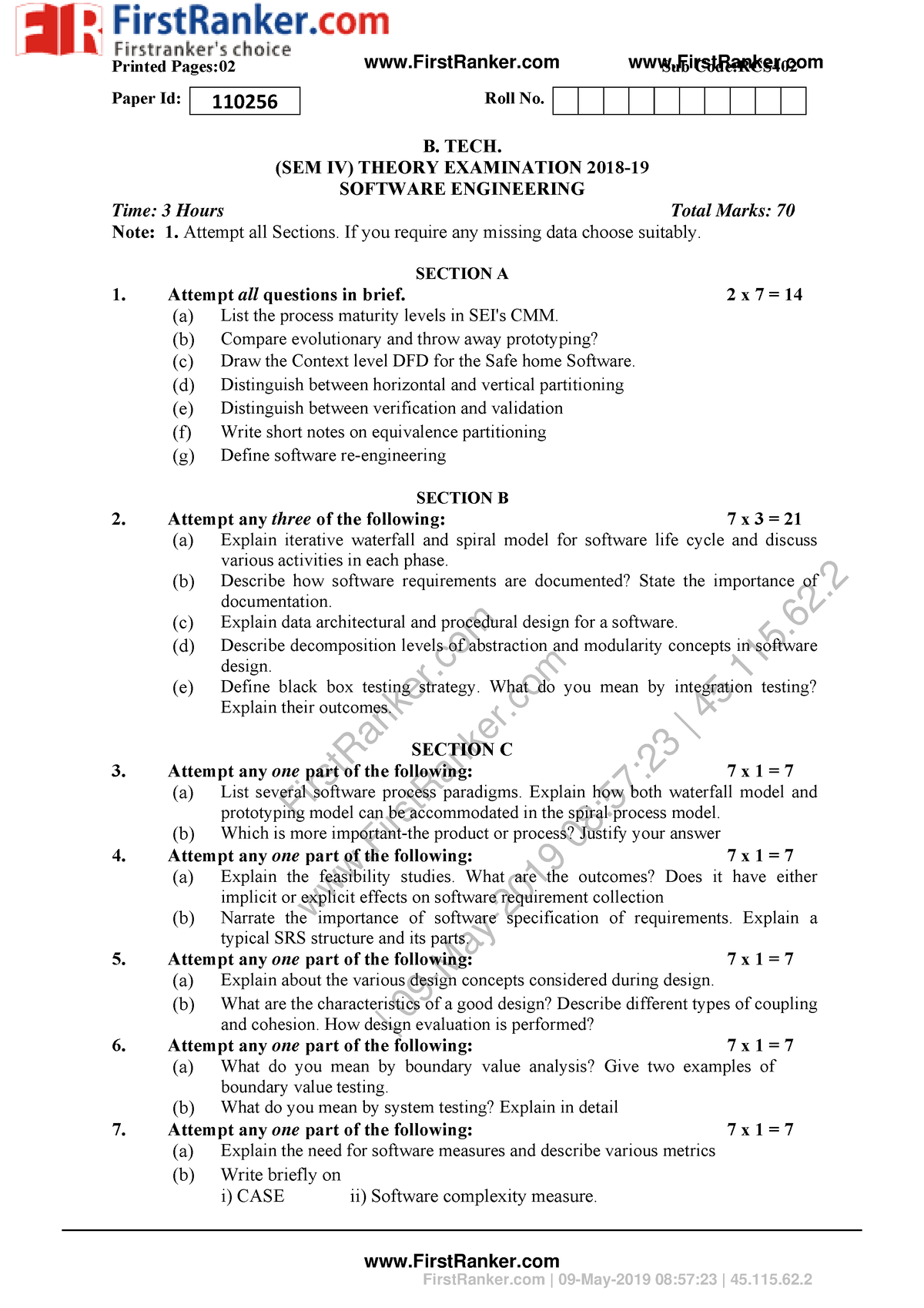 SE Q PAP - official Question Paper of AKTU 2018-19 - FirstRanker ...