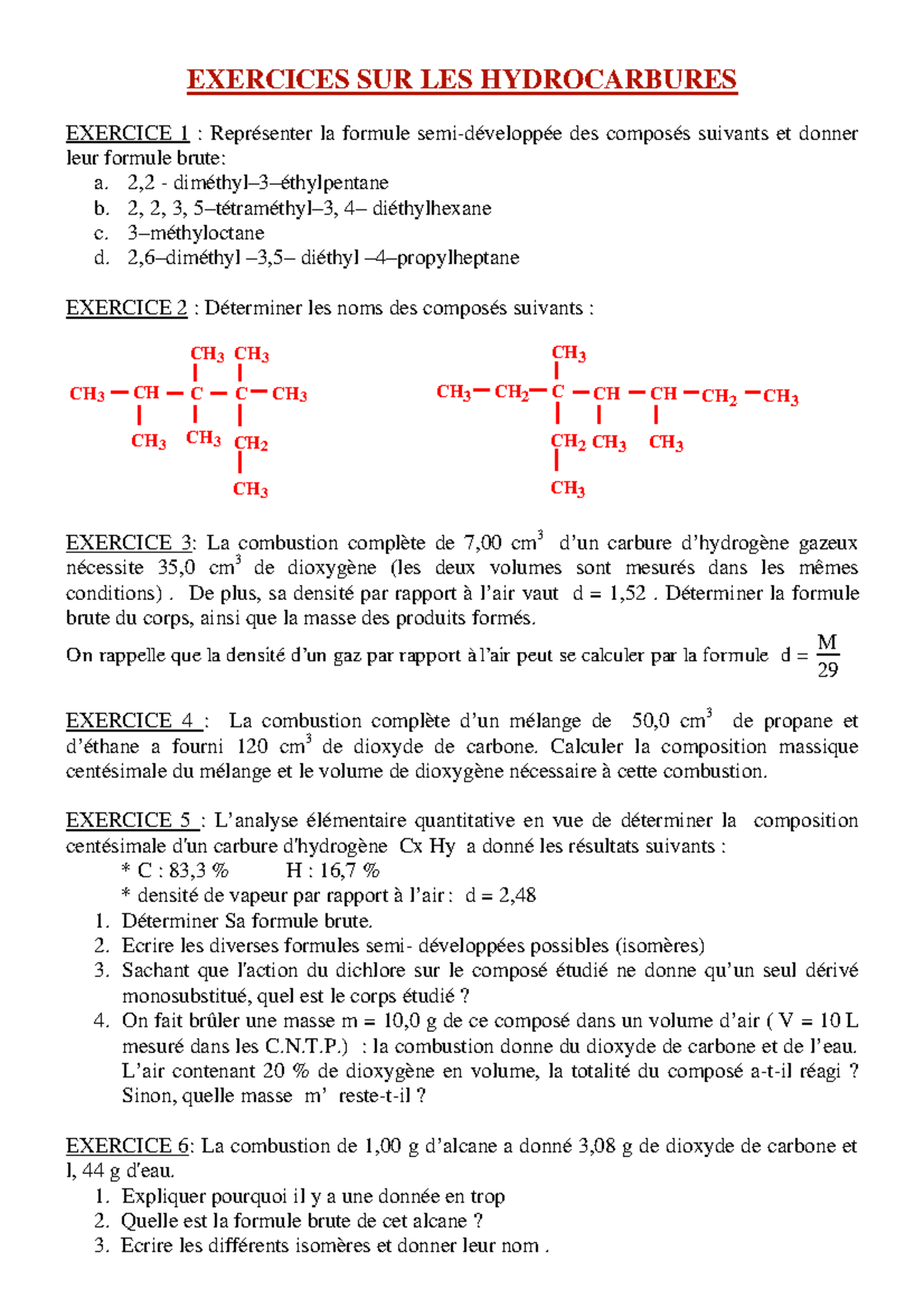 Hydrocarbures Exercices 01 - EXERCICES SUR LES HYDROCARBURES EXERCICE 1 ...