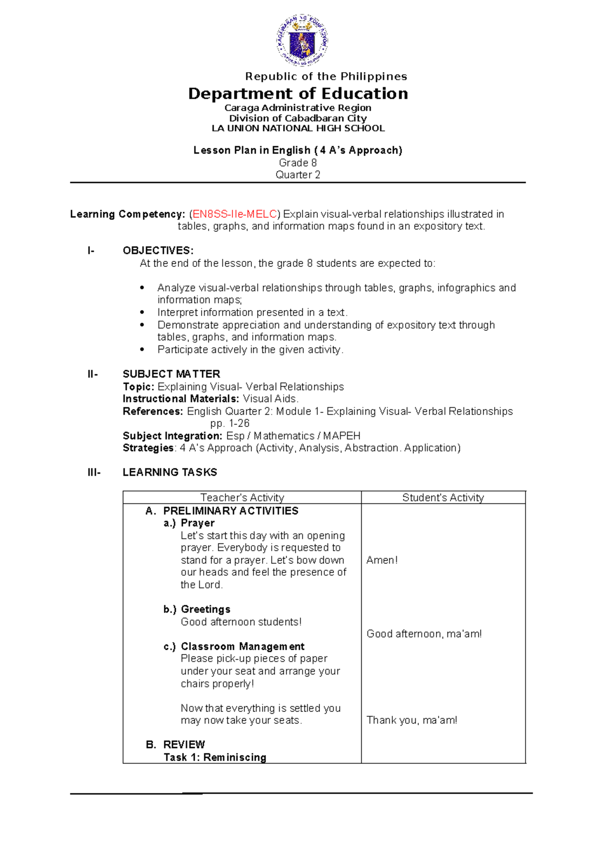 Lesson plan - Republic of the Philippines Department of Education ...