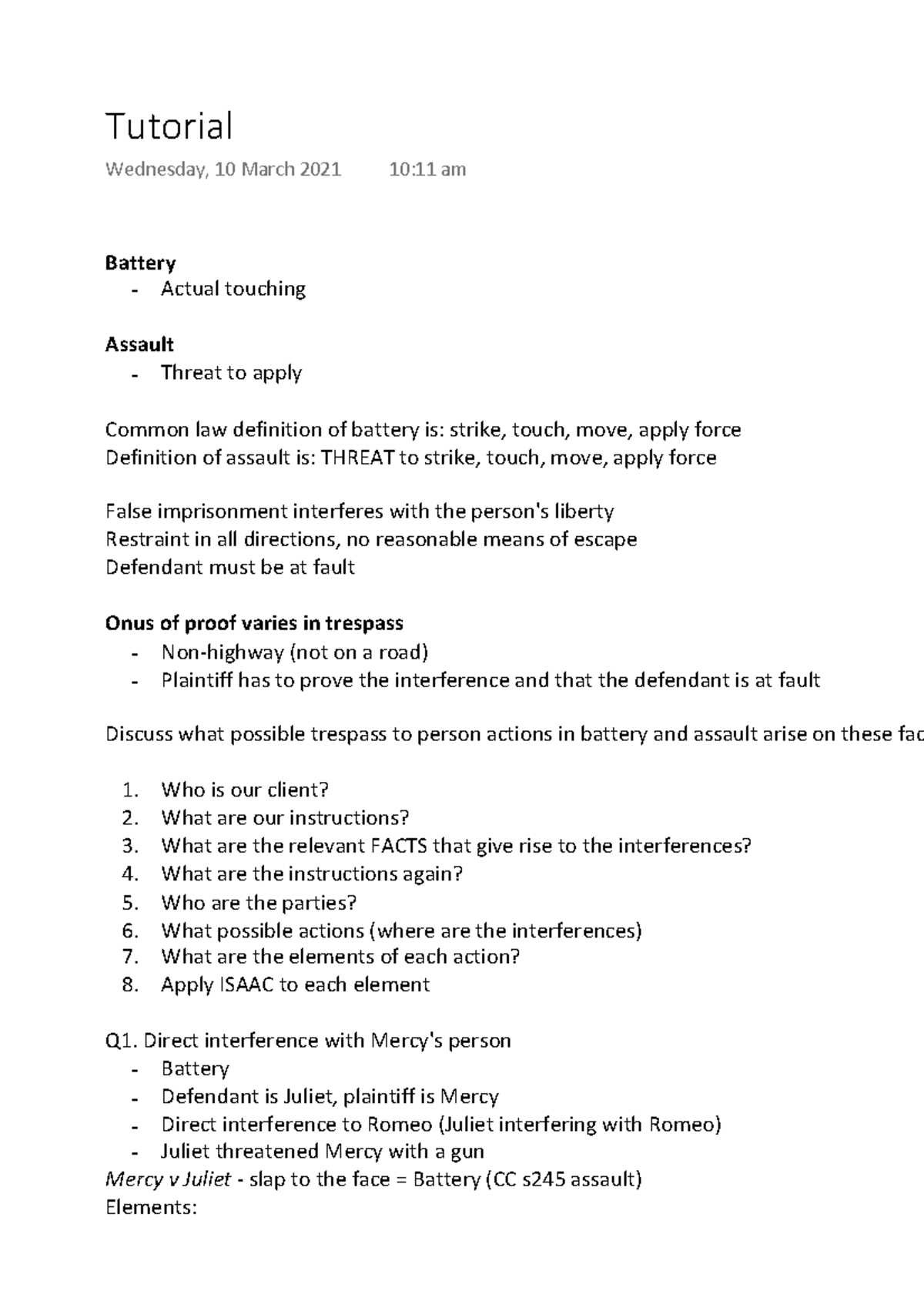 Torts Week 2 Lecture Notes - Battery - Actual touching Assault - Threat ...
