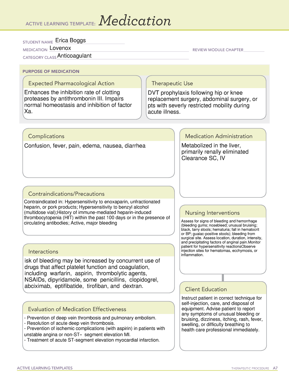 Lovenox Medication Sheet - ACTIVE LEARNING TEMPLATES THERAPEUTIC ...