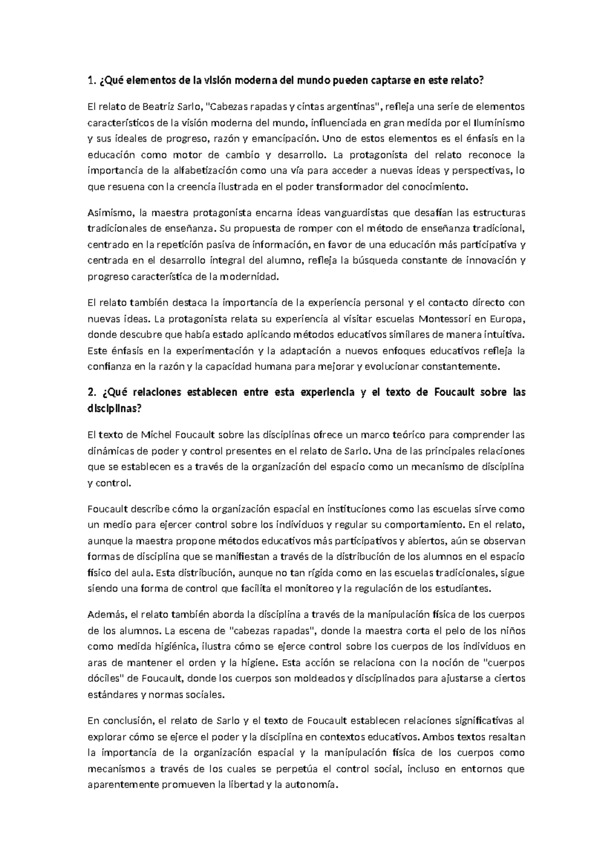 Trabajo Sarlo - ¿Qué elementos de la visión moderna del mundo pueden ...
