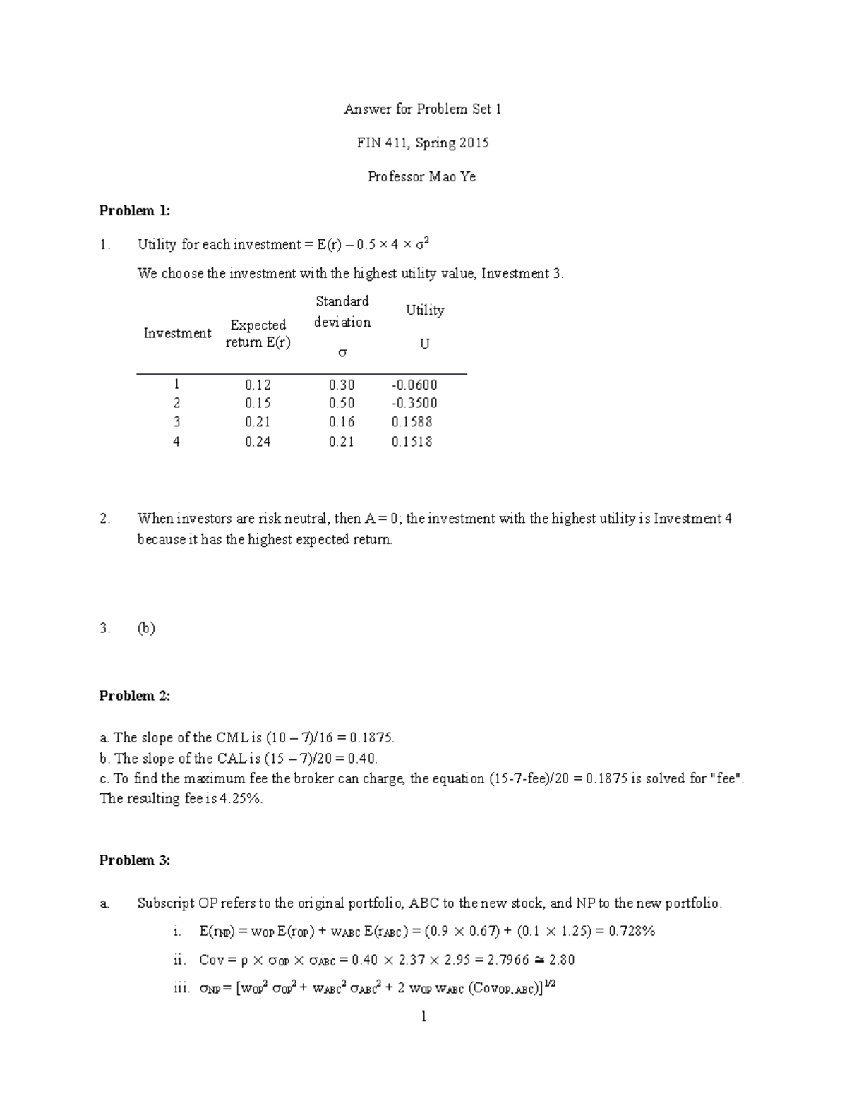 Answer For Problem Set 1 Investment Expected Return E r Standard
