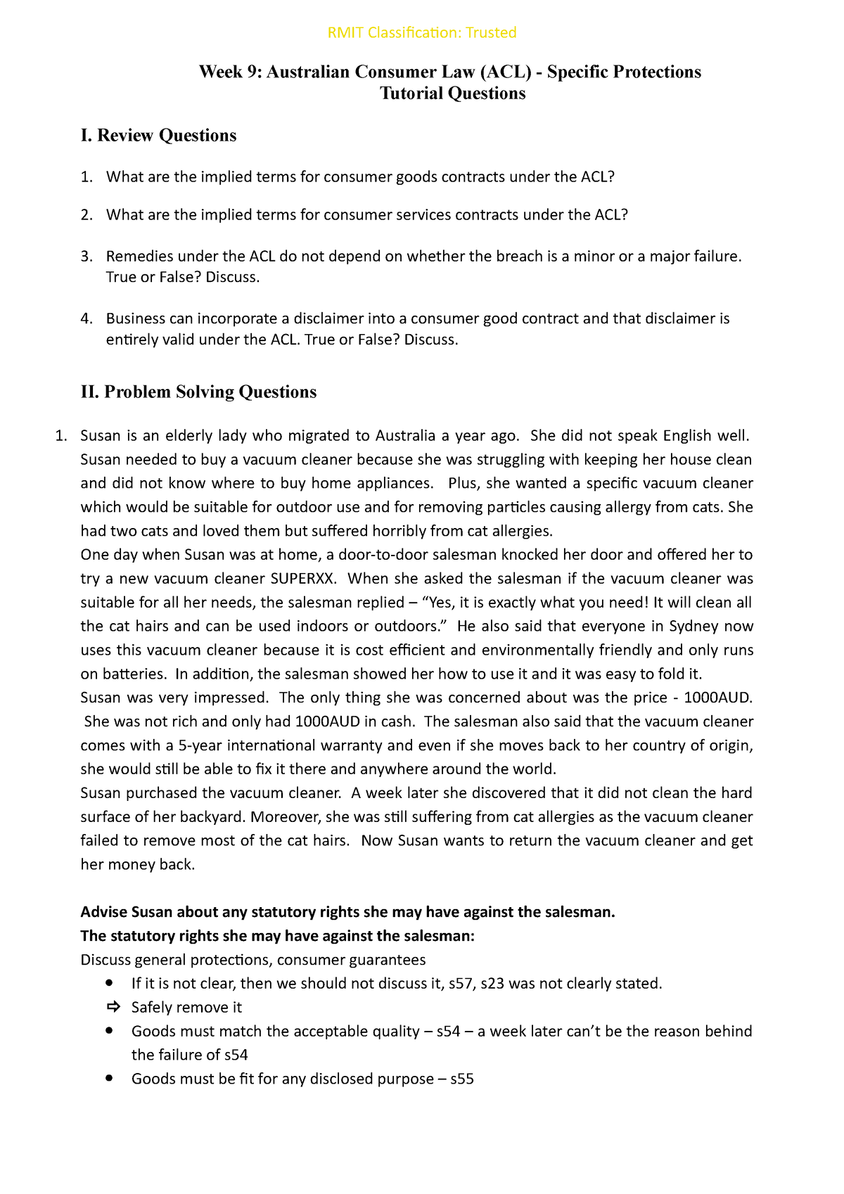 Week 9 Tutorial Questions - Week 9: Australian Consumer Law (acl 