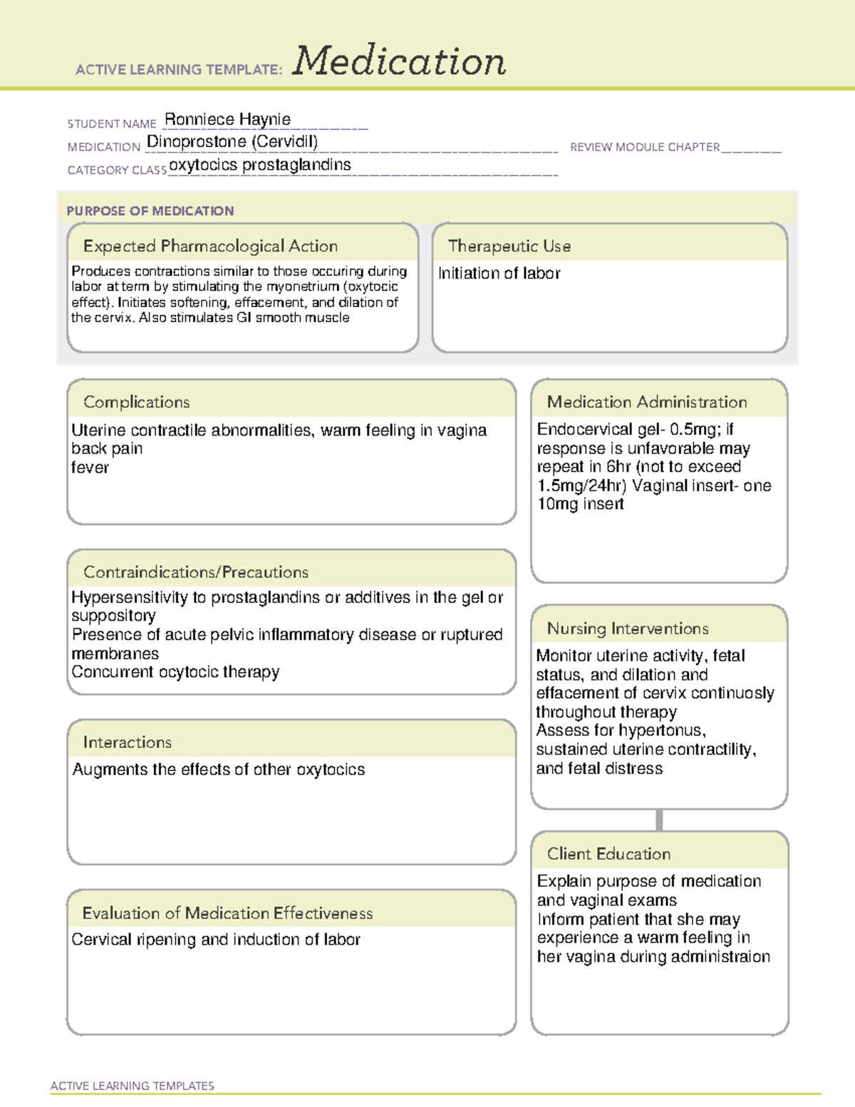 Medication sheet dinoprostone Pre clinical ACTIVE LEARNING TEMPLATES