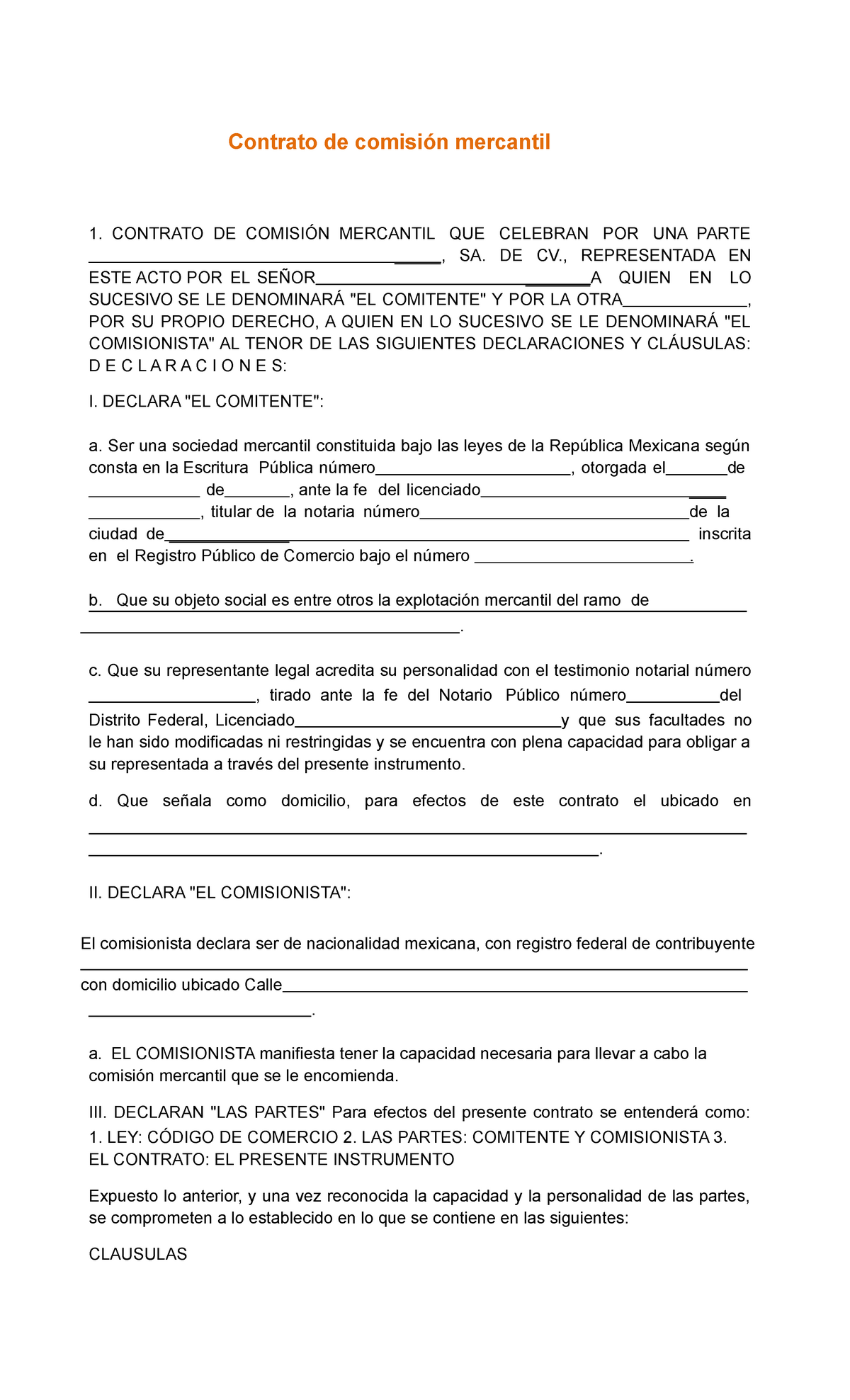 Contrato de comisión mercantil - CONTRATO DE COMISIÓN MERCANTIL QUE  CELEBRAN POR UNA PARTE _____ , - Studocu