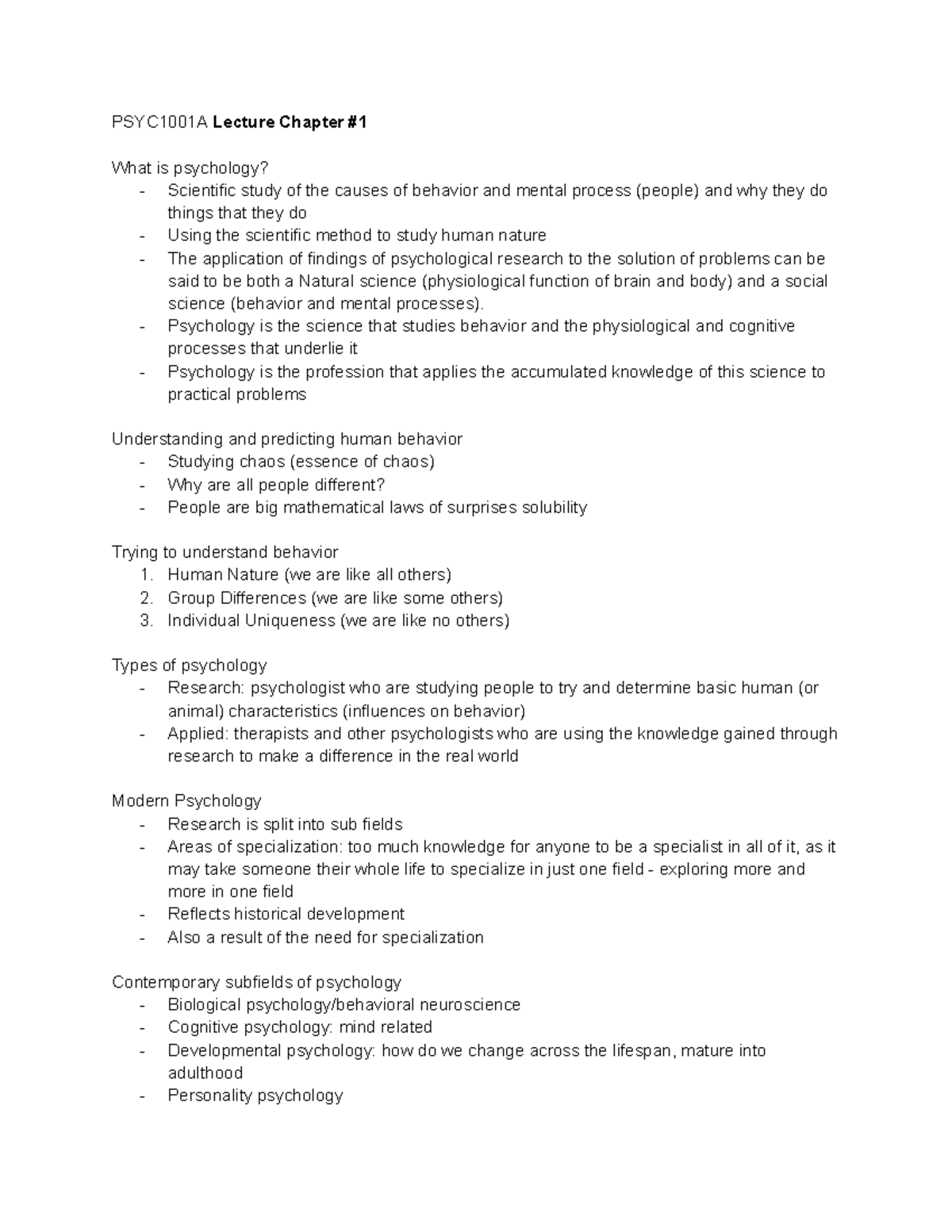 Pysch 1001 Lectures - Psyc Notes - PSYC1001A Lecture Chapter What Is ...