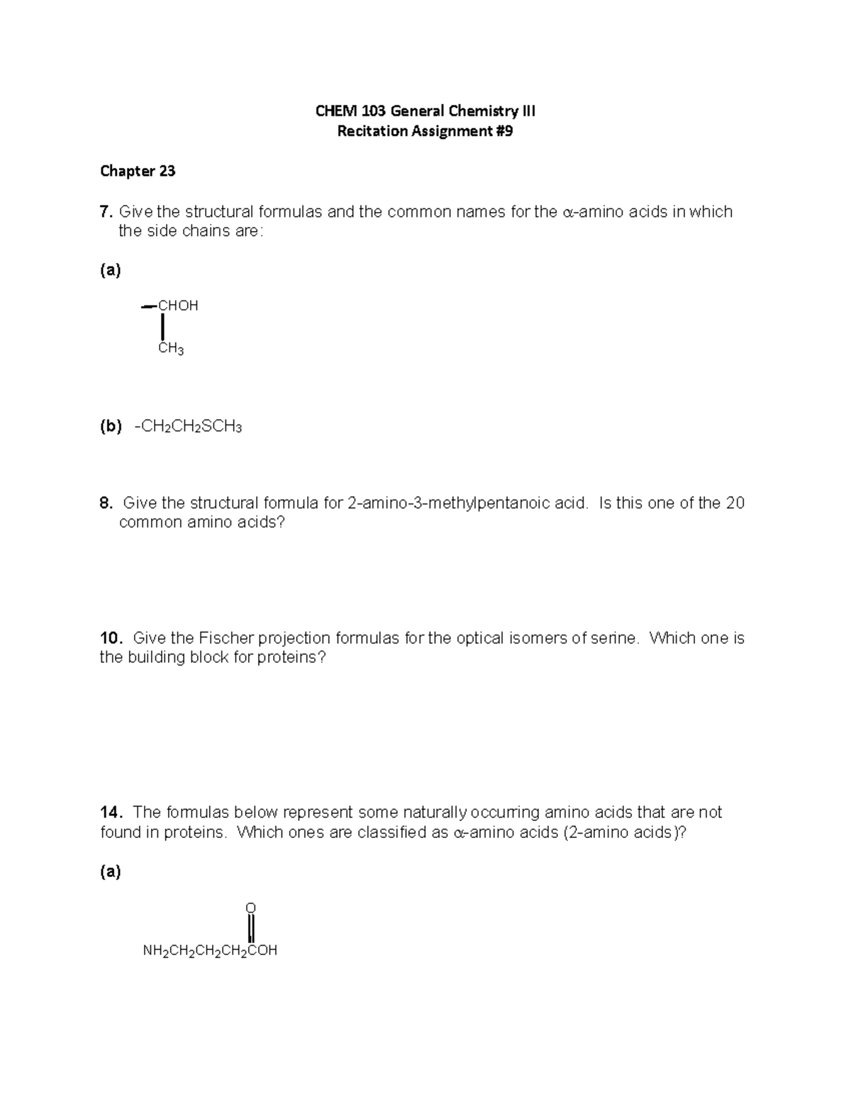 CHEM 103 Recitation Assignment #9 - **CHEM 103 General Chemistry III ...