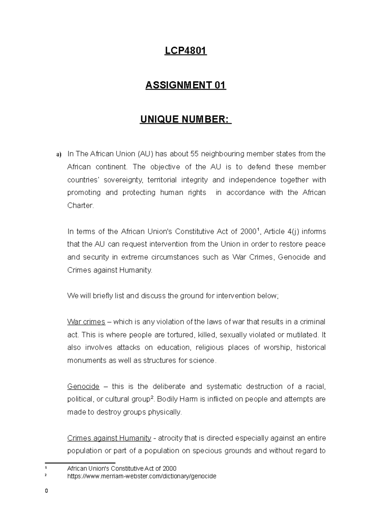 Assignement 1 - International Law - LCP4801 - Unisa - StuDocu