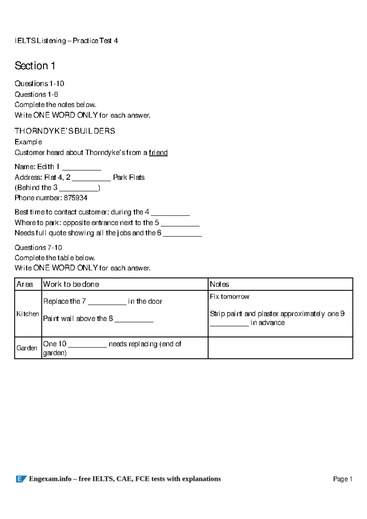 Ielts Listening Practice Test 4 Printable - Section 1 Questions 1 ...
