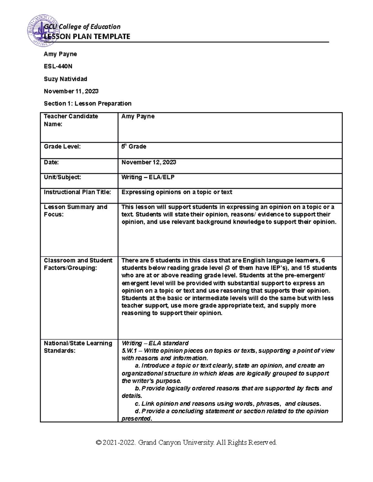 Benchmark - Grade - A - LESSON PLAN TEMPLATE Amy Payne ESL-440N Suzy ...