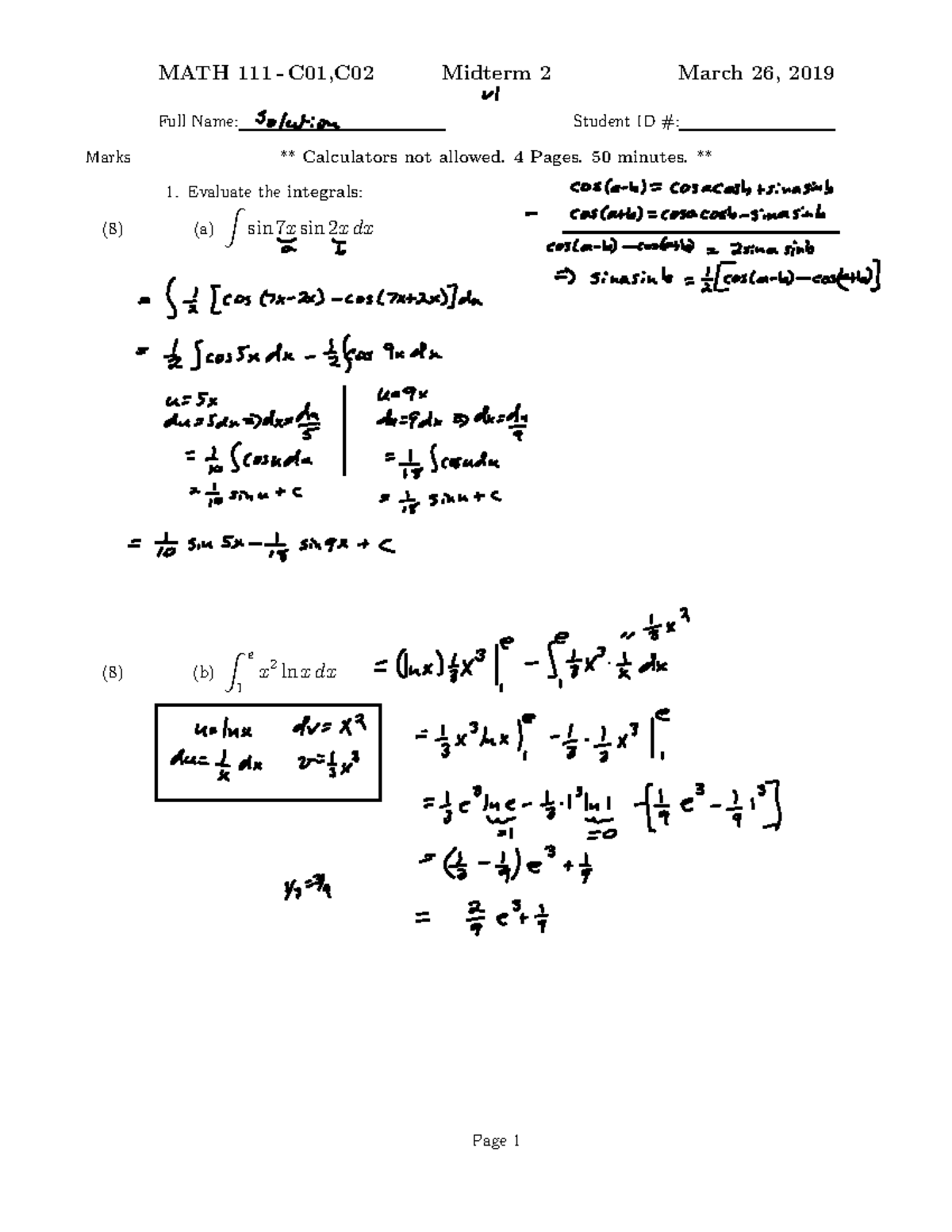 Midterm 2 2019 W Solution - MATH 111 - C01,C02 Midterm 2 March 26, 2019 ...