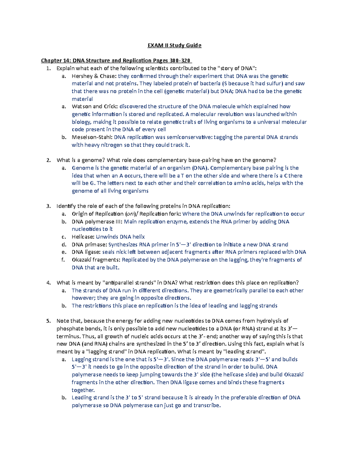 EXAM II Study Guide - EXAM II Study Guide Chapter 14: DNA Structure and ...