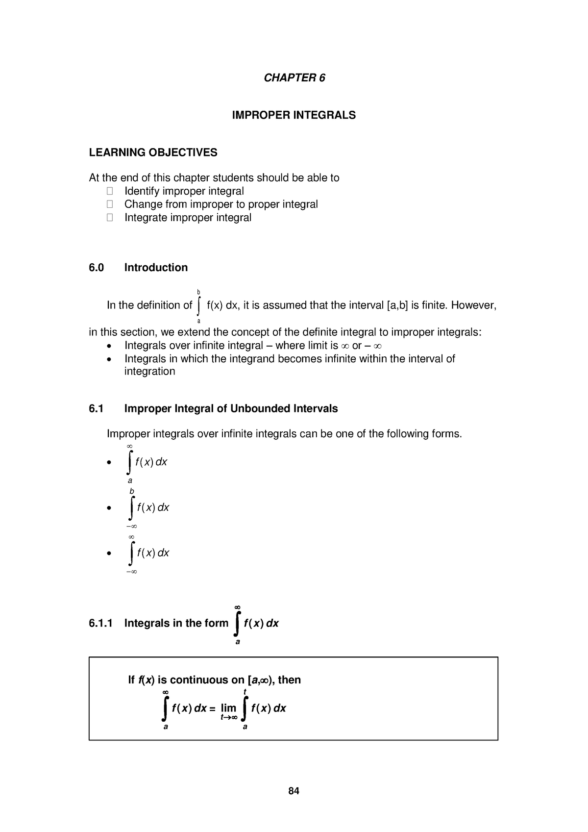 7 Improper Integrals - Mat 183 - 84 Chapter 6 Improper Integrals 