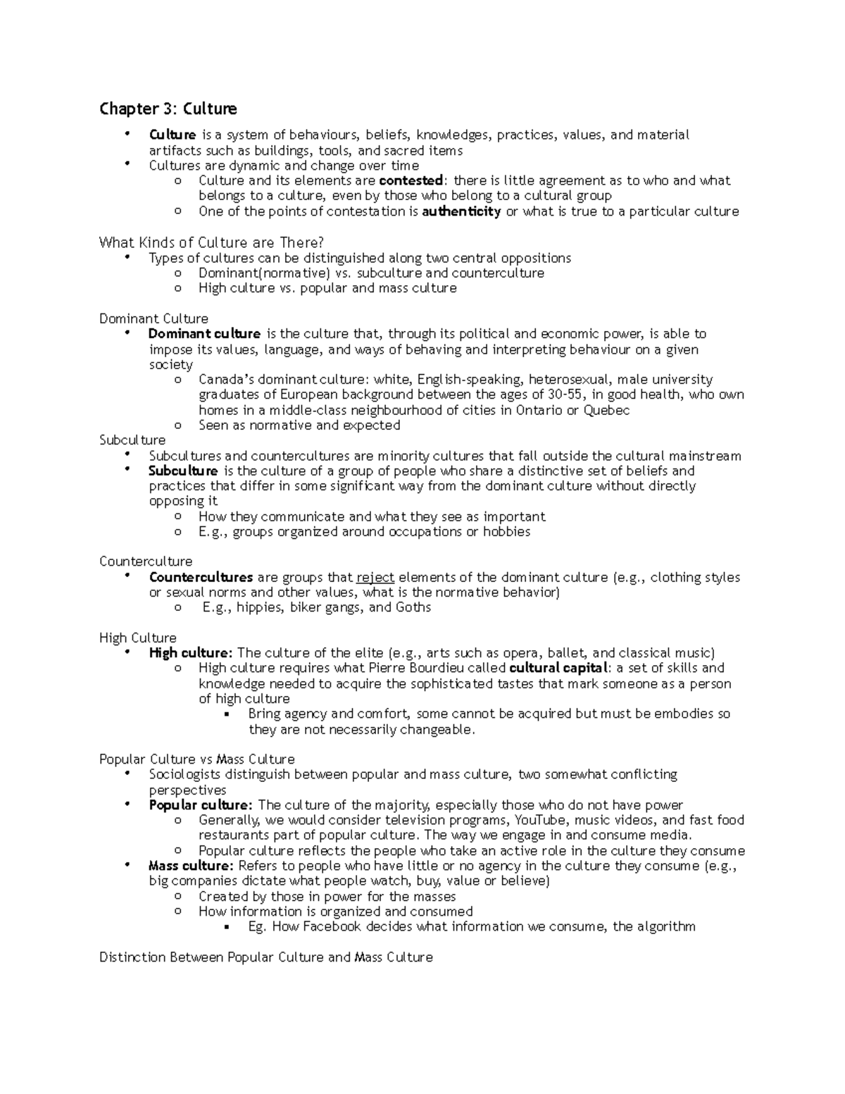 Midterm notes - Chapter 3: Culture • Culture is a system of behaviours ...
