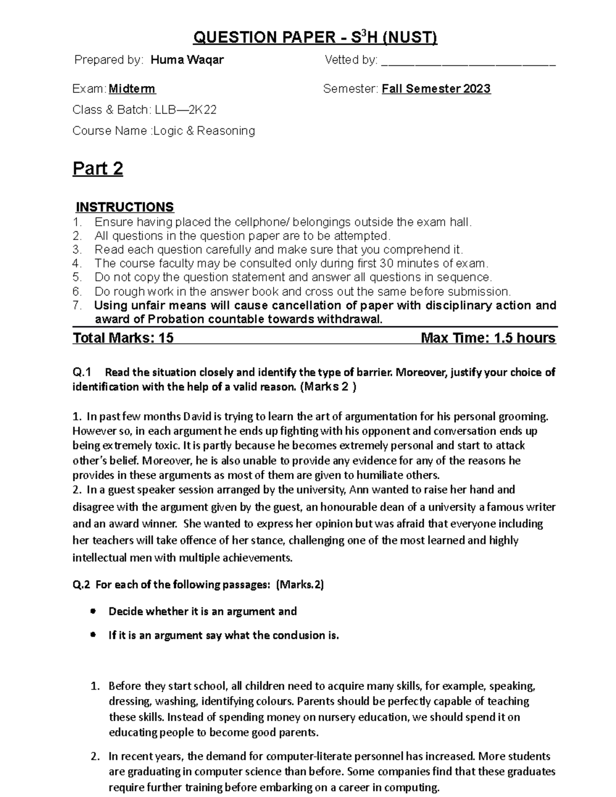 Mid Term Paper Descriptive Nust - QUESTION PAPER - S 3 H (NUST ...