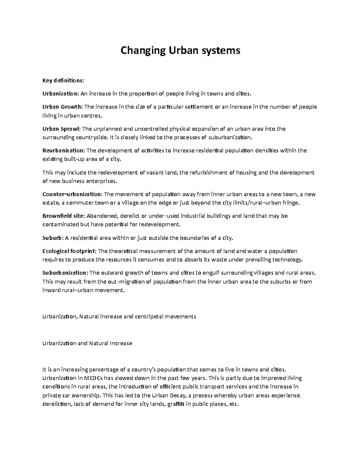 Notes on Changing Urban systems - Changing Urban systems Key ...