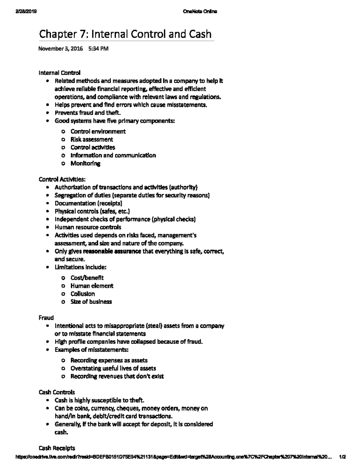 Internal Control and Cash - 2/28/2019 OneNote Online Chapter 7 ...