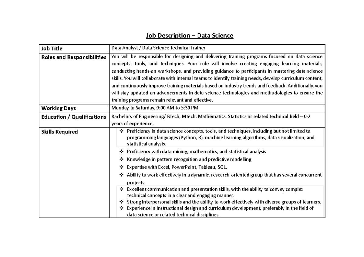 JD-Data science - dsdsd - Job Description – Data Science Job Title Data ...