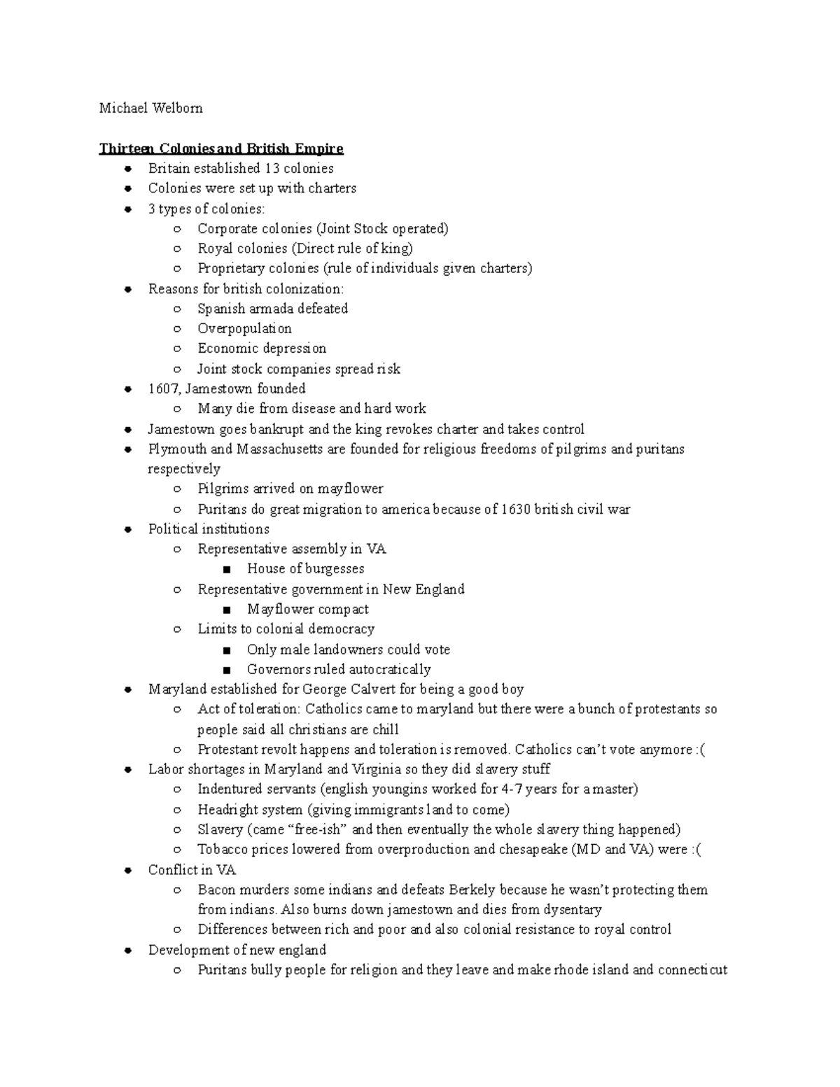 Chapter #2 Notes - Michael Welborn Thirteen Colonies and British Empire ...