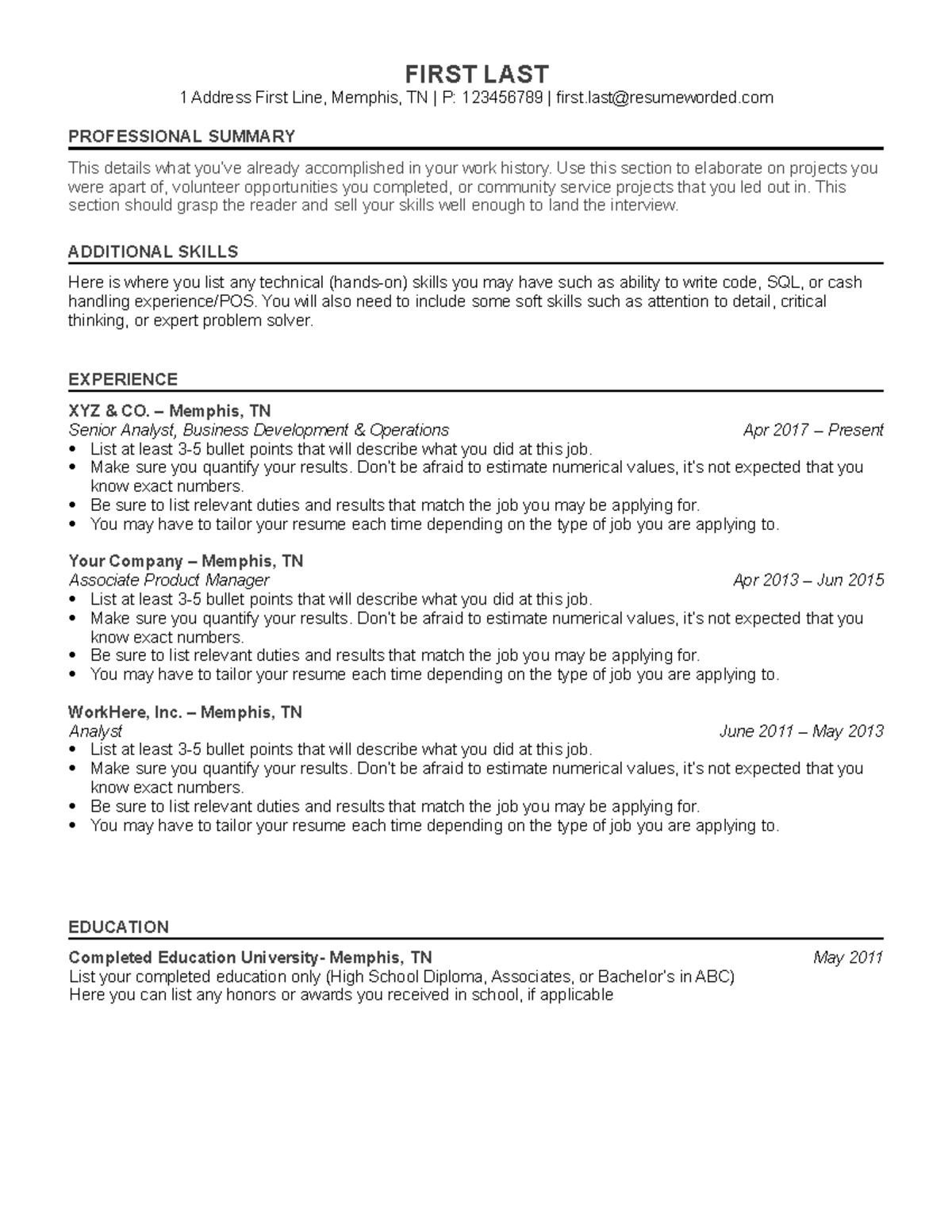 Resume Template - FIRST LAST 1 Address First Line, Memphis, TN | P ...