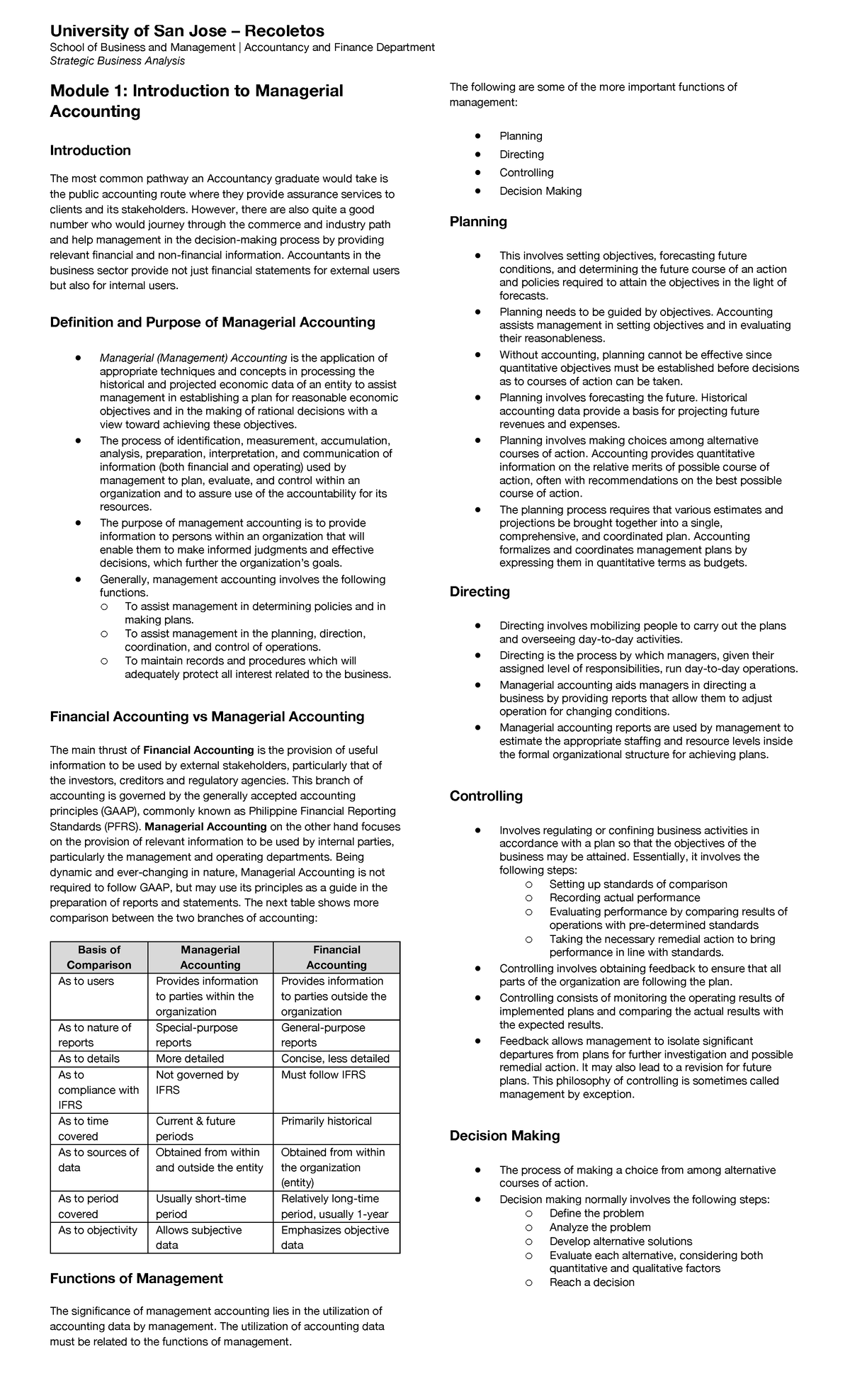 Module 1 Introduction To Managerial Accounting University Of San Jose Recoletos School Of Module 1 Introduction To Managerial Accounting University Of San Jose Recoletos School Of