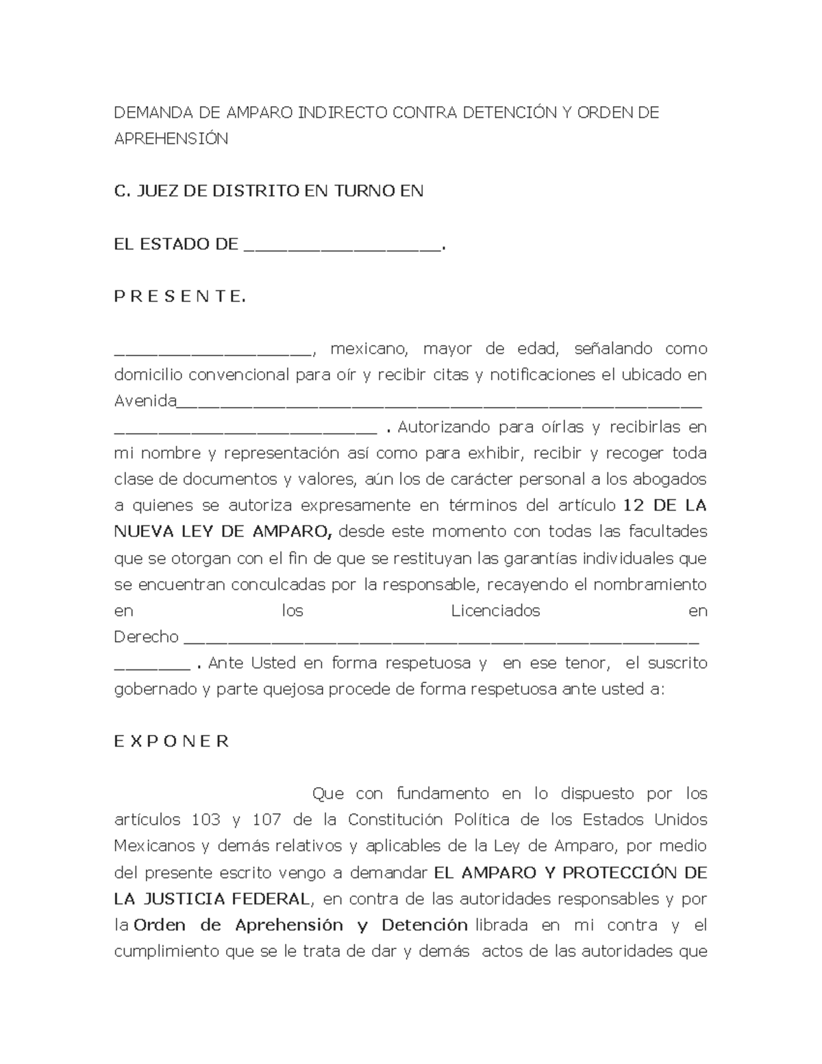 DEMANDA DE AMPARO INDIRECTO CONTRA ORDEN DE APREHENSION - DEMANDA DE ...