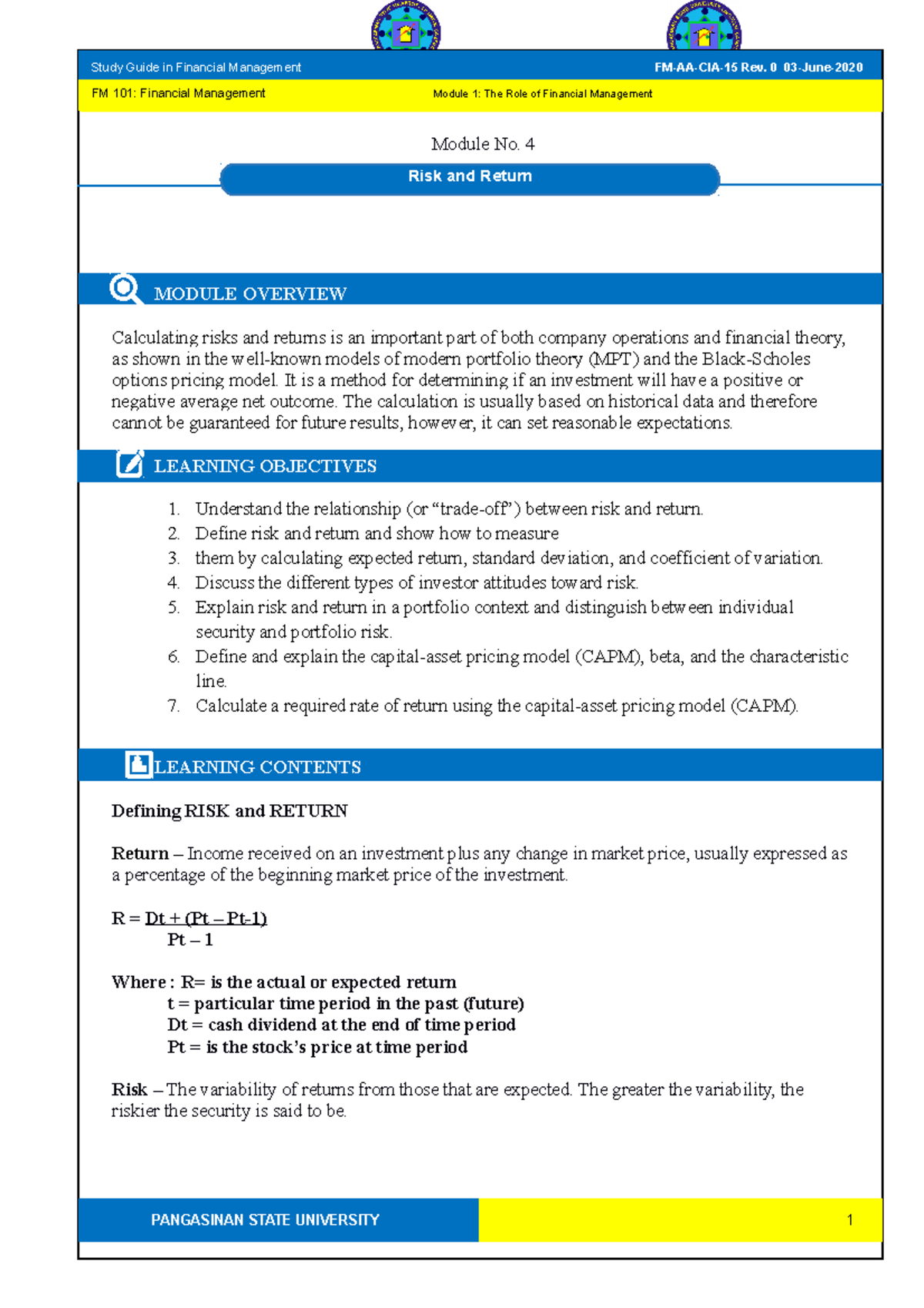 FM 101 SG 4 - Module 4 - Module No. 4 MODULE OVERVIEW Calculating risks ...