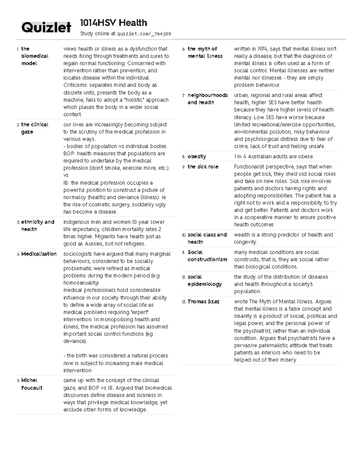 Quizlet 1014HSV Health 1 biomedical model views health or illness as