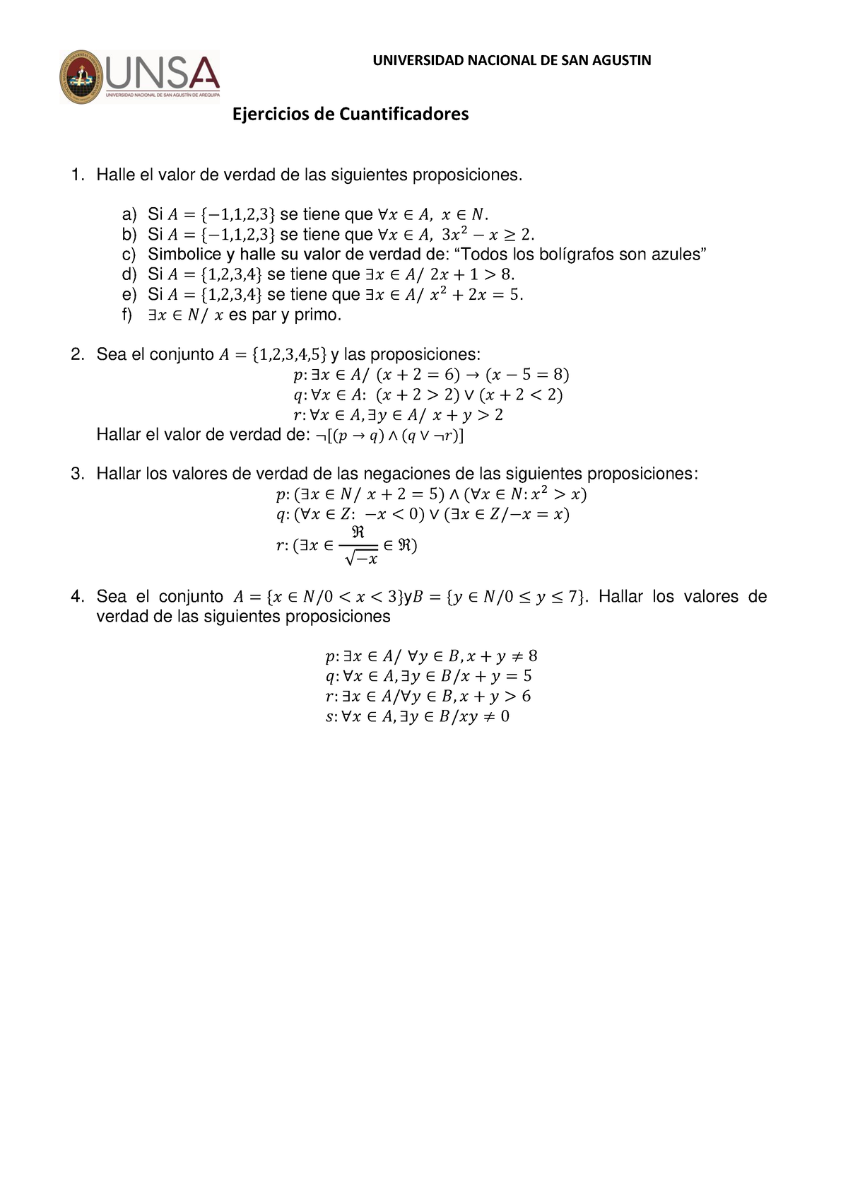 Ejercicios DE Cuantificadores - UNIVERSIDAD NACIONAL DE SAN AGUSTIN ...