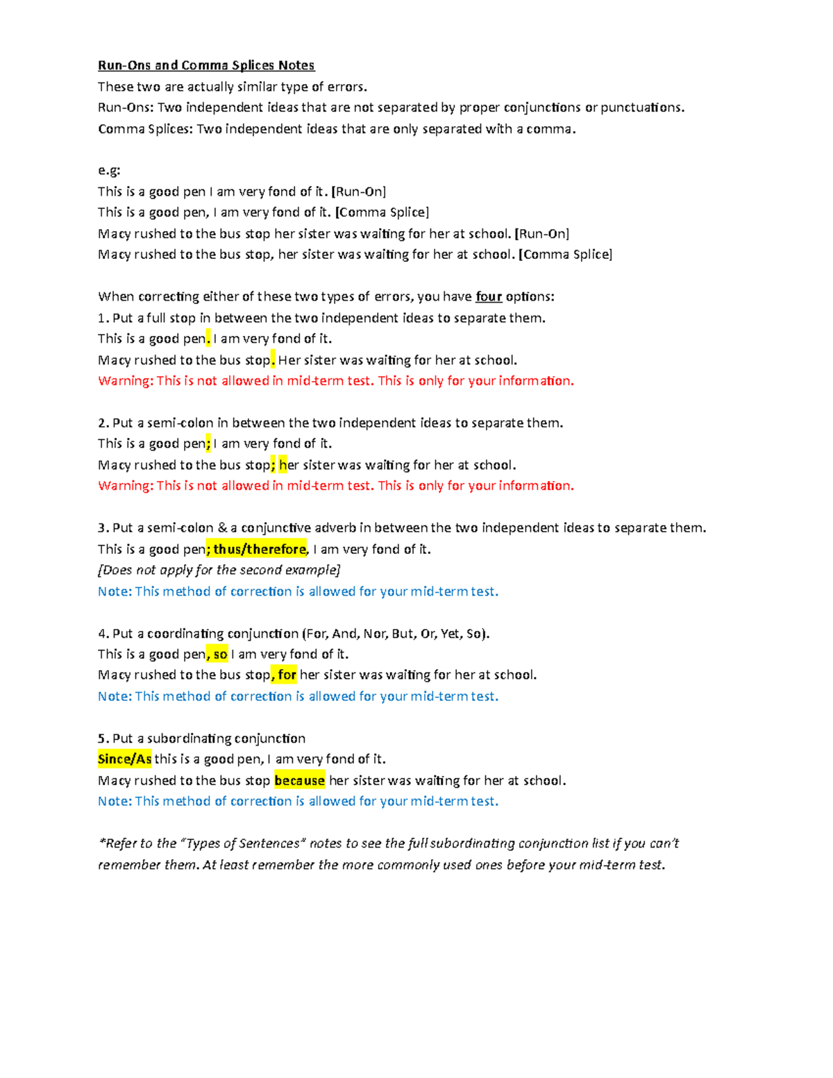 Part B. Run-Ons and Comma Splices Notes - Run-Ons and Comma Splices ...