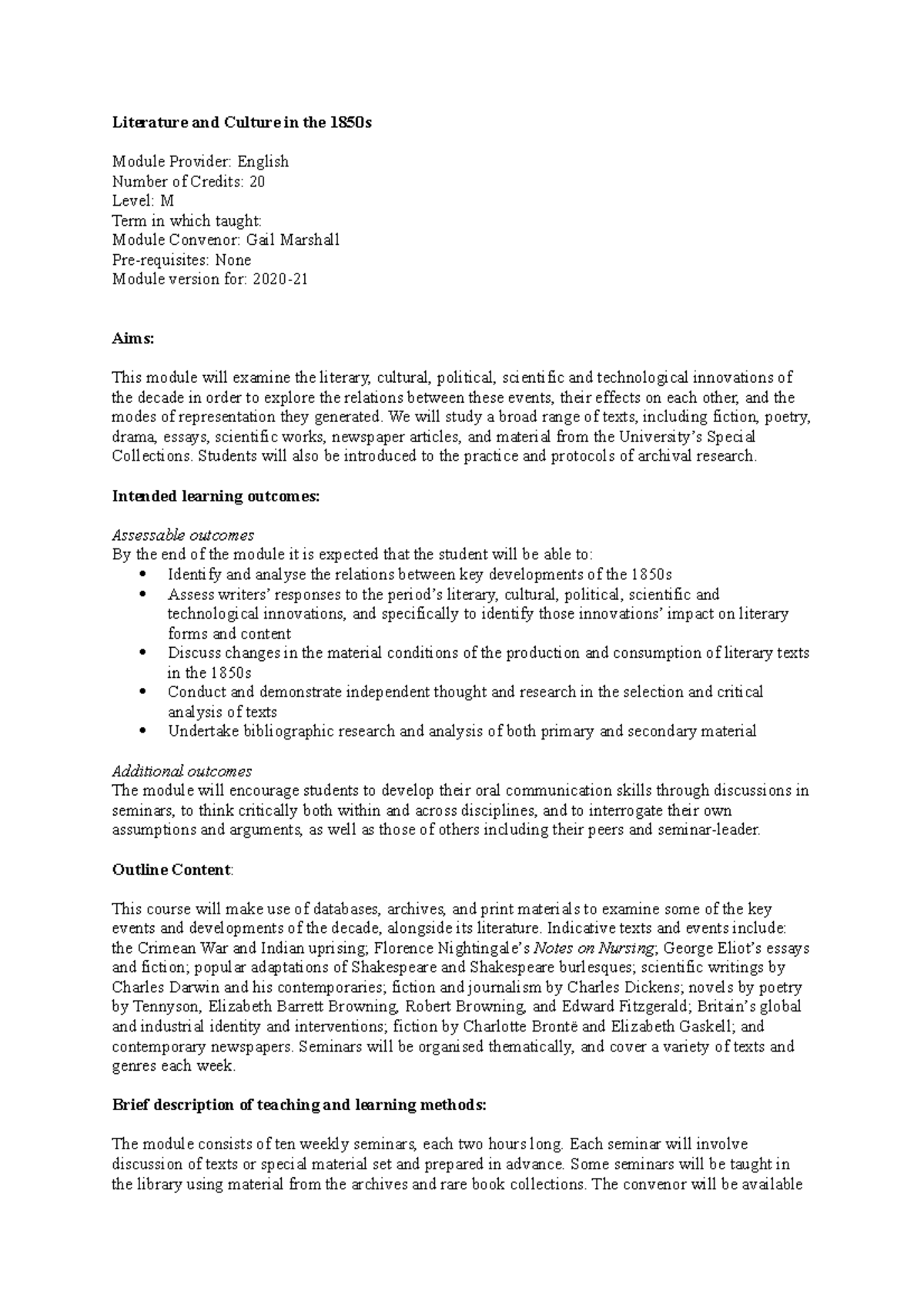 Full module Literature and Culture in the 1850s Literature and