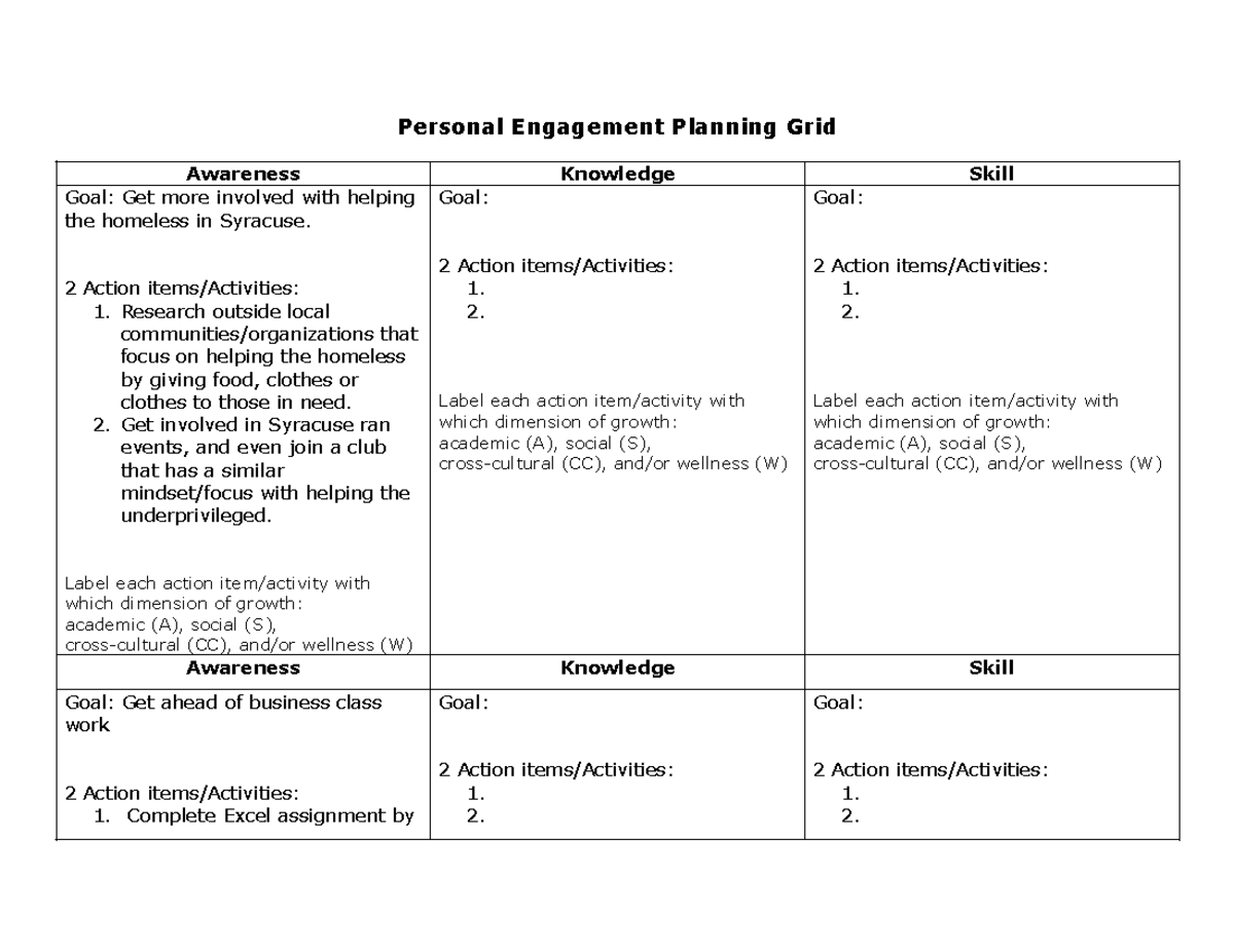 FYS 101 Week 7 HW - Personal Engagement Planning Grid Awareness ...