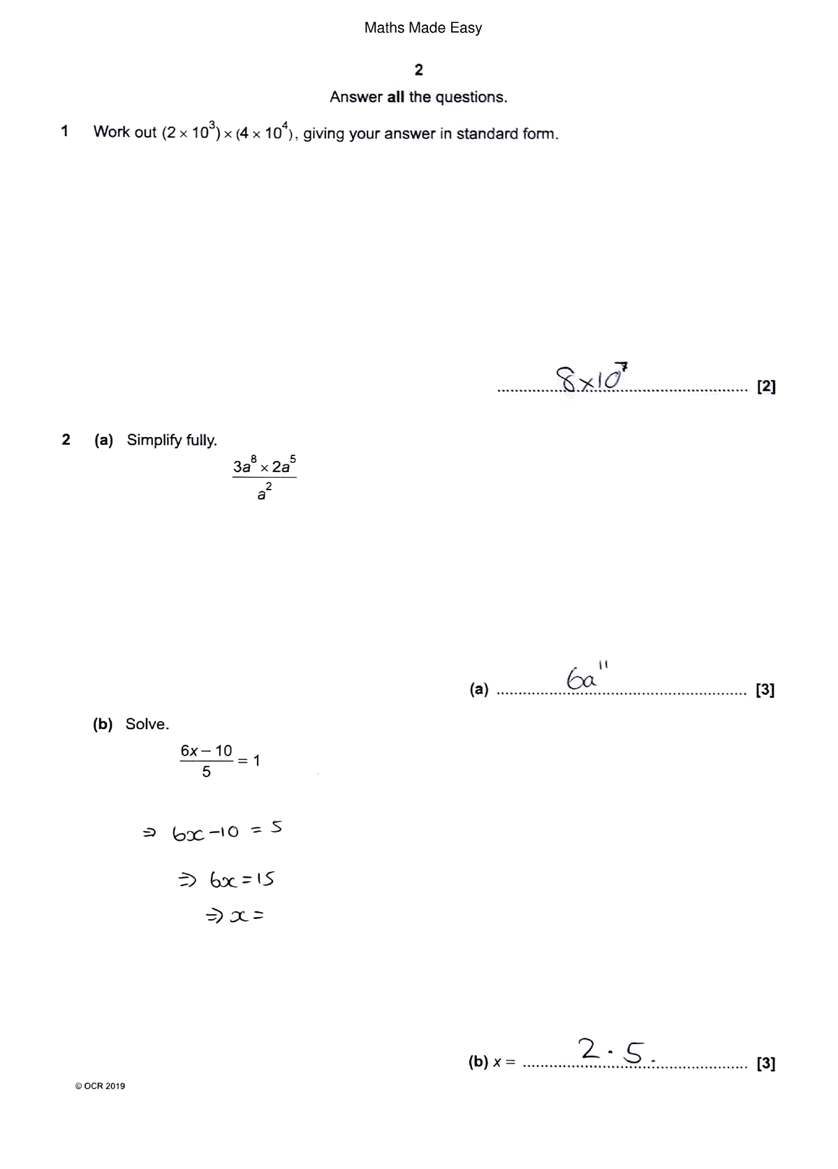 June 2019 OCR GCSE Paper 5 1 - 2 Answer All The Questions. 1 Work Out ...