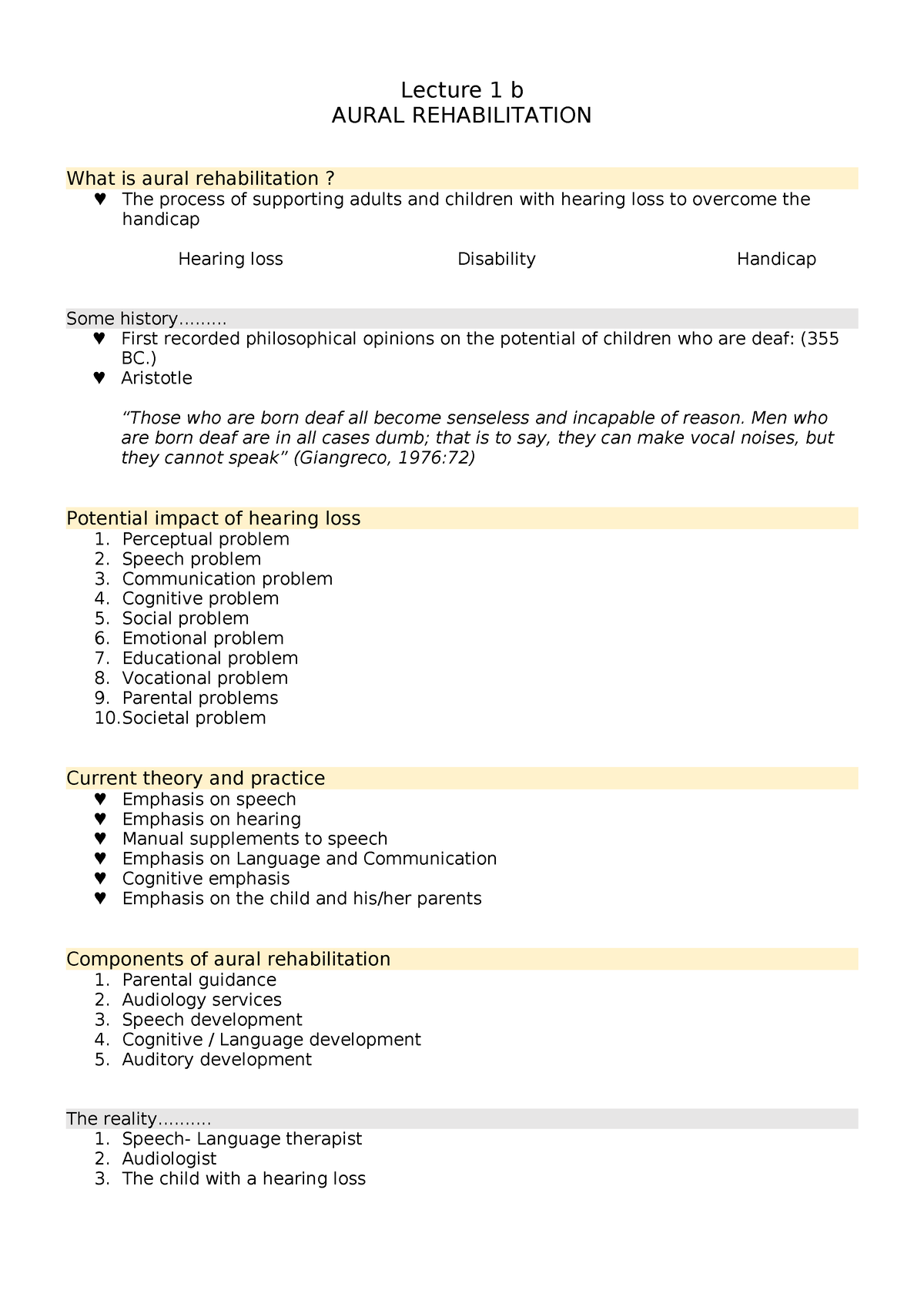 A - Ii) Lecture 1b Summary - Lecture 1 B AURAL REHABILITATION What Is ...