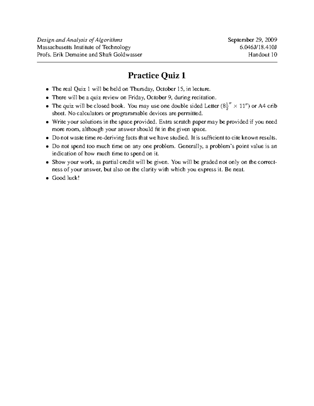 Practice-quiz1 - Design and Analysis of Algorithms September 29, 2009 ...