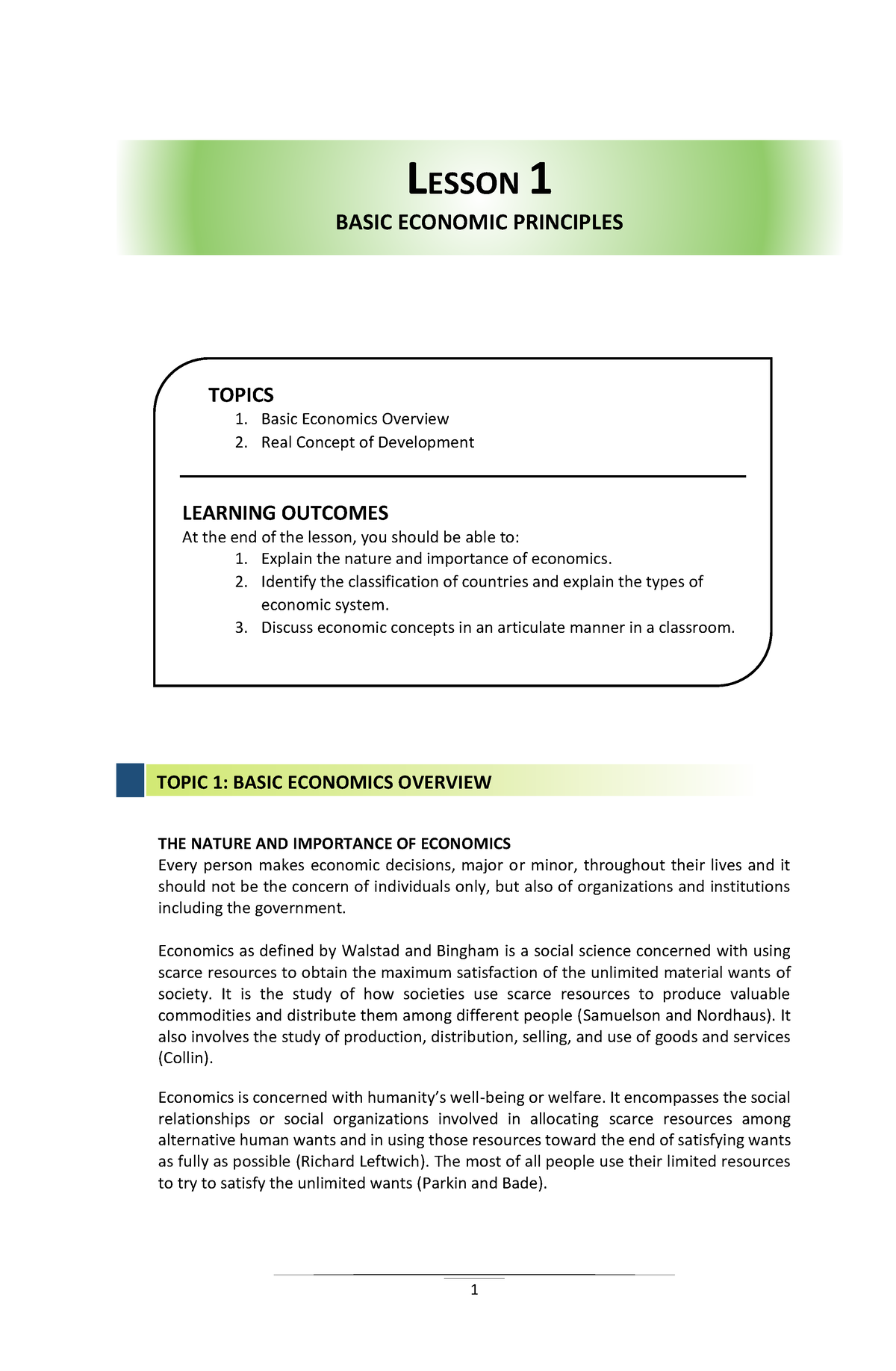 Lesson-1 - Basic Economics Principles - THE NATURE AND IMPORTANCE OF ...