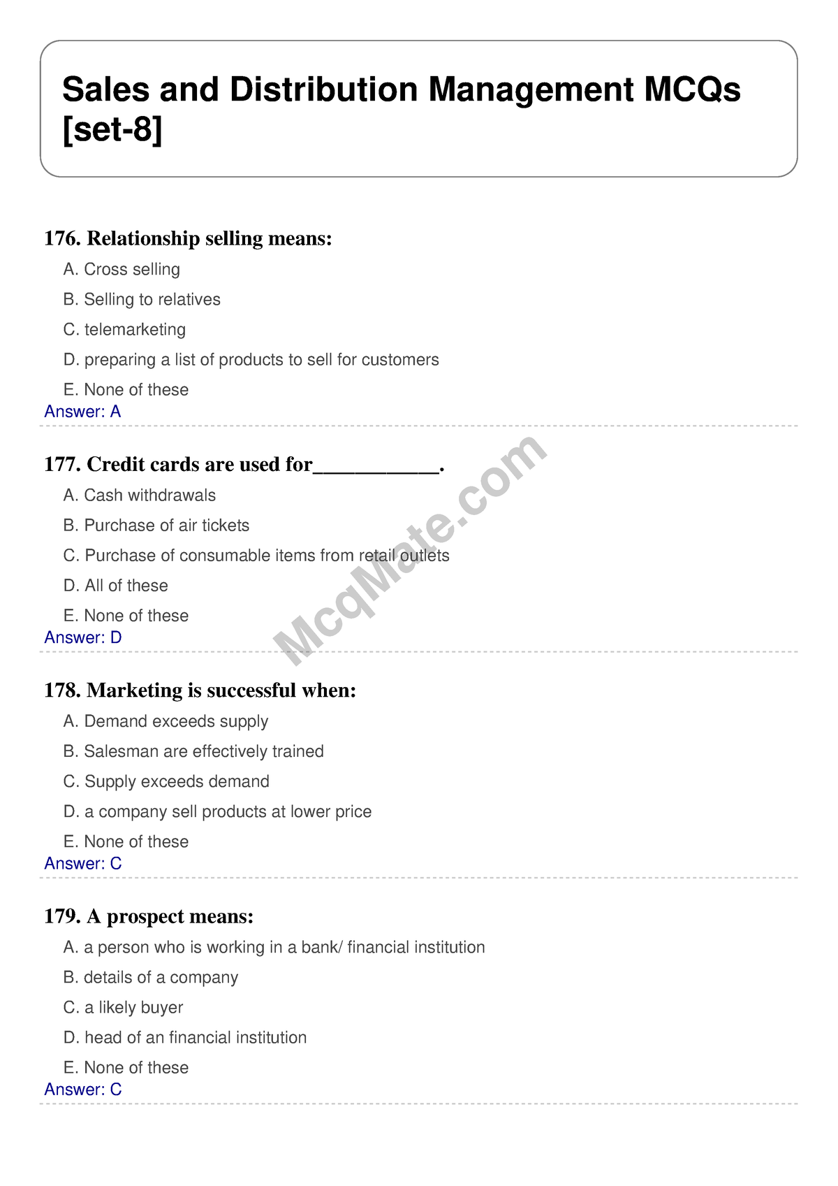 Sales And Distribution Management Solved MCQs [set-8] Mcq Mate.com ...