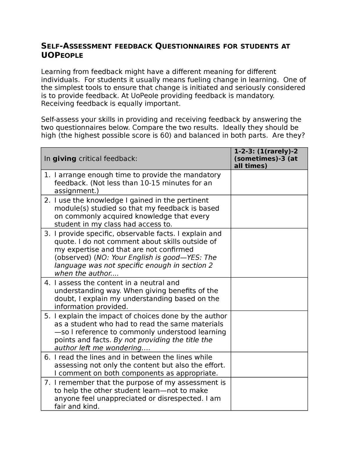 SAFeedback Tool for students used to understand feedback - SELF ...