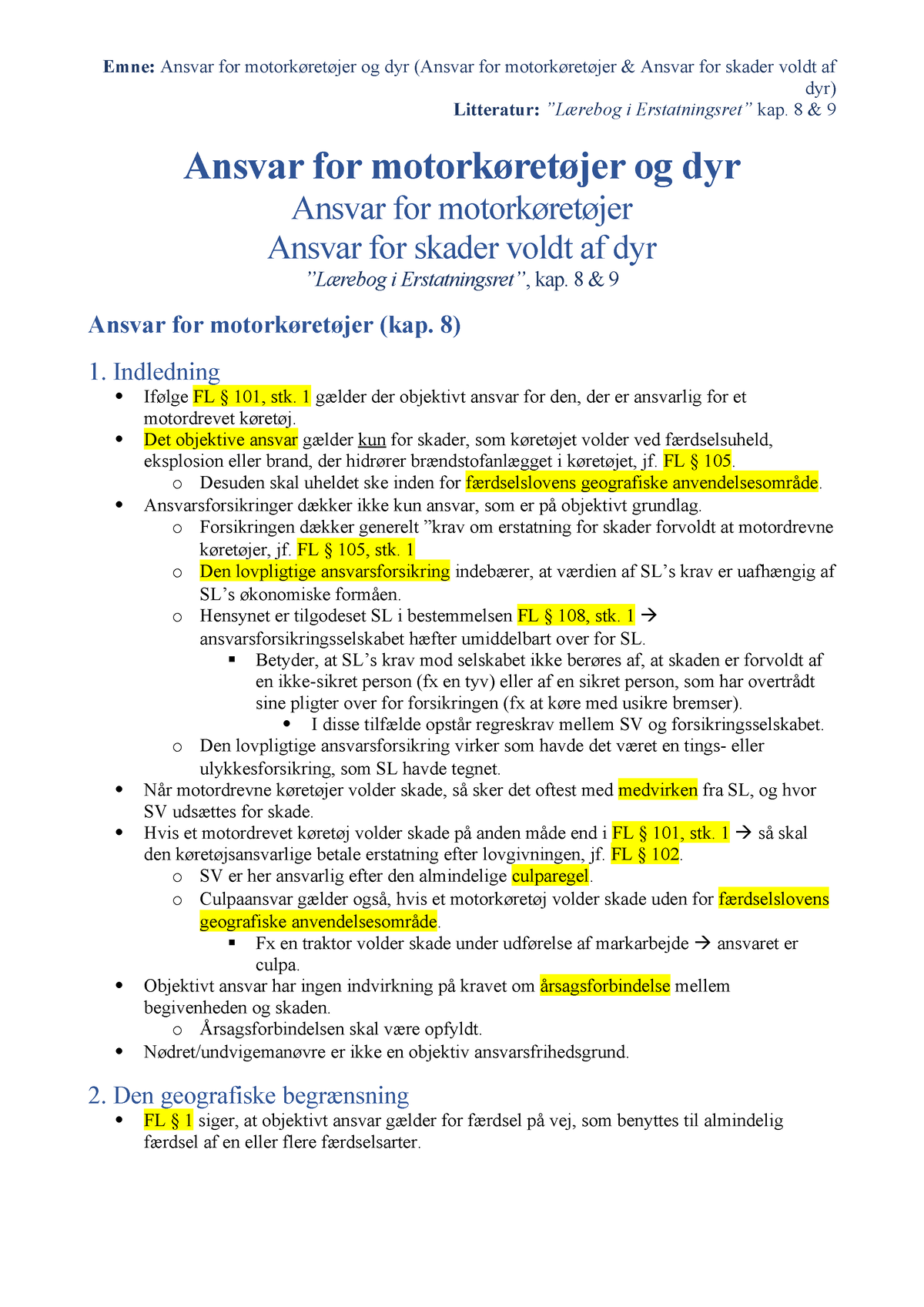 Ansvar For Motorkøretøjer Og Dyr - Disposition - Mundtlig Eksamen - Dyr ...