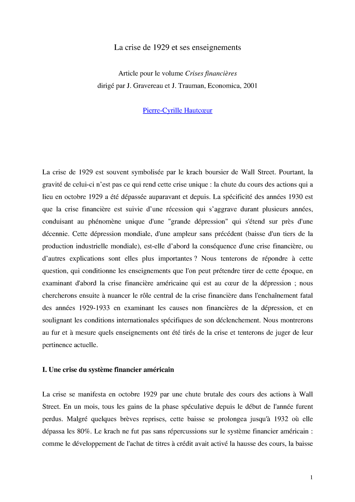 introduction dissertation crise de 1929