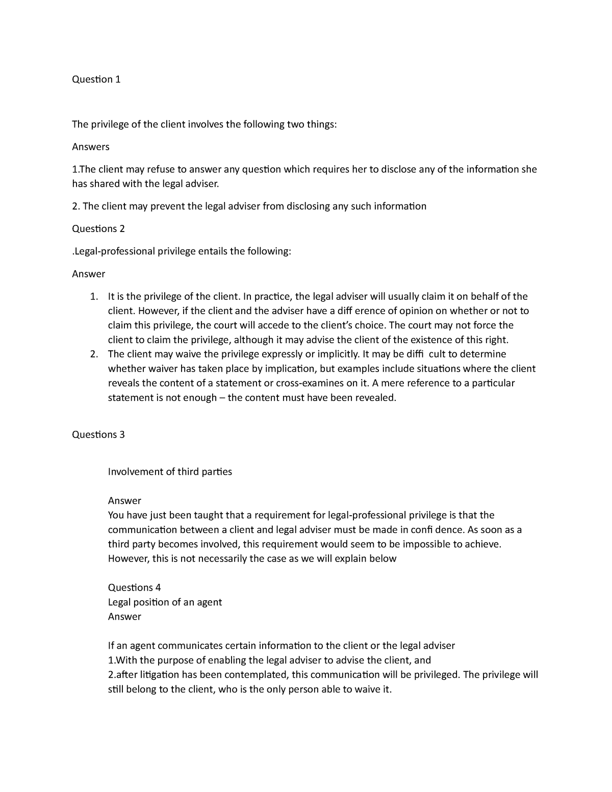 Document (12) - Principales of Evidence - Question 1 The privilege of ...